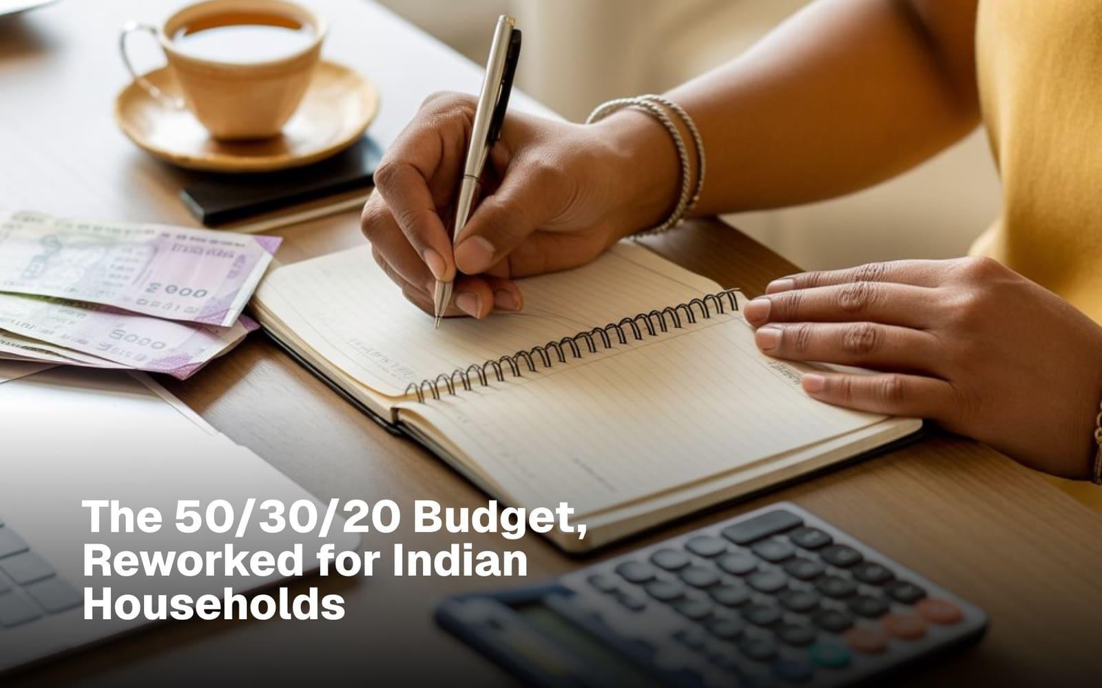 Person writing in a budget notebook beside Indian rupee notes and a calculator