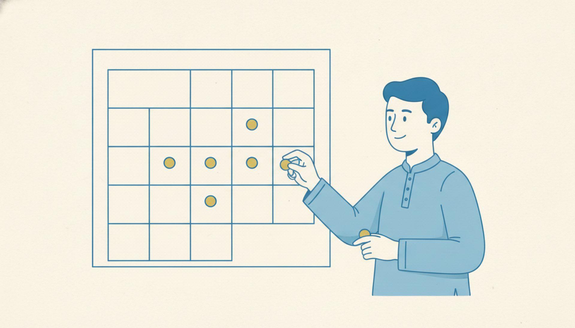 Flat blue illustration of a person placing four markers on a wall calendar