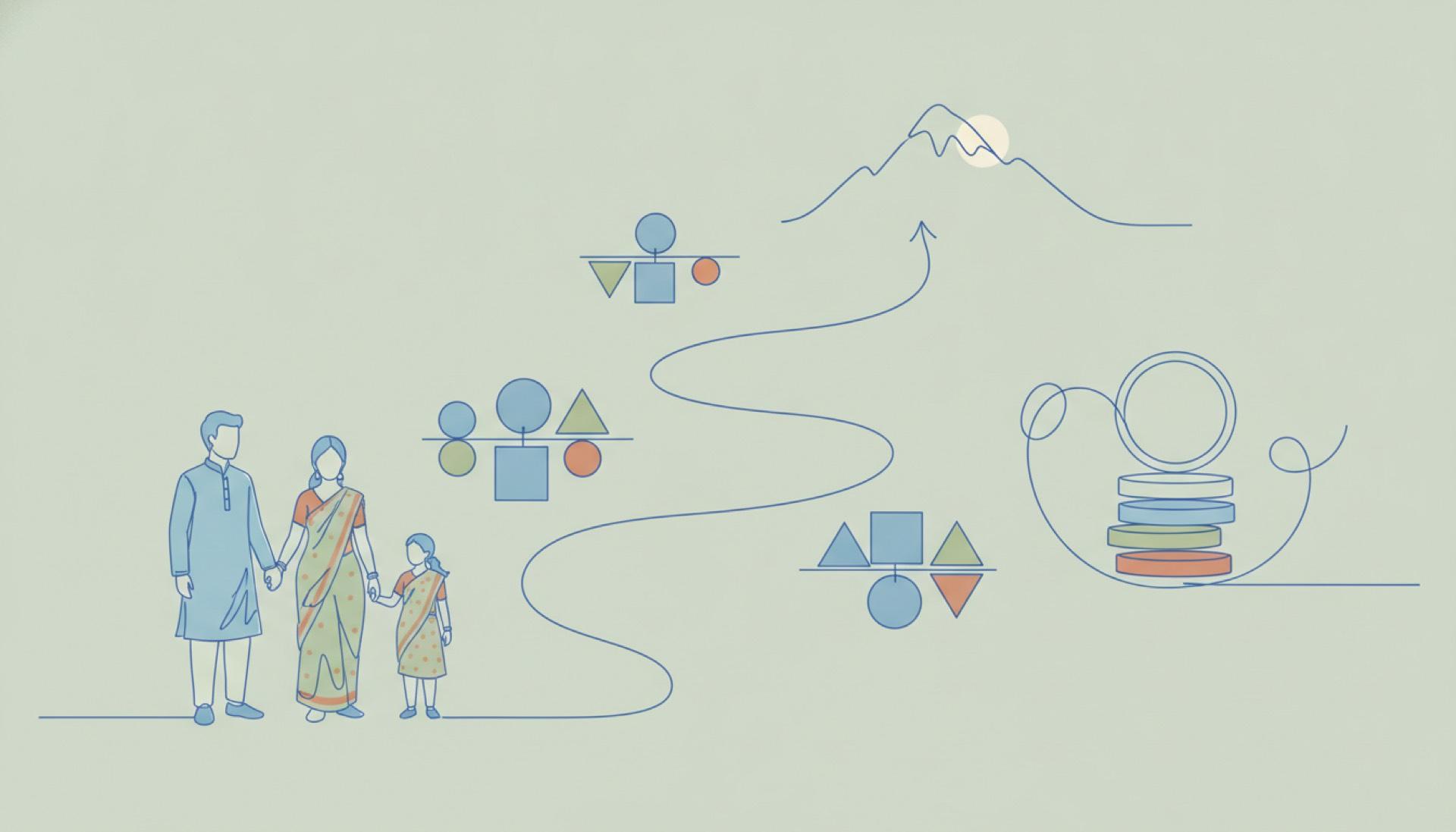 Illustration on a soft sage background of balanced segments grouped in proportion, a balanced mix