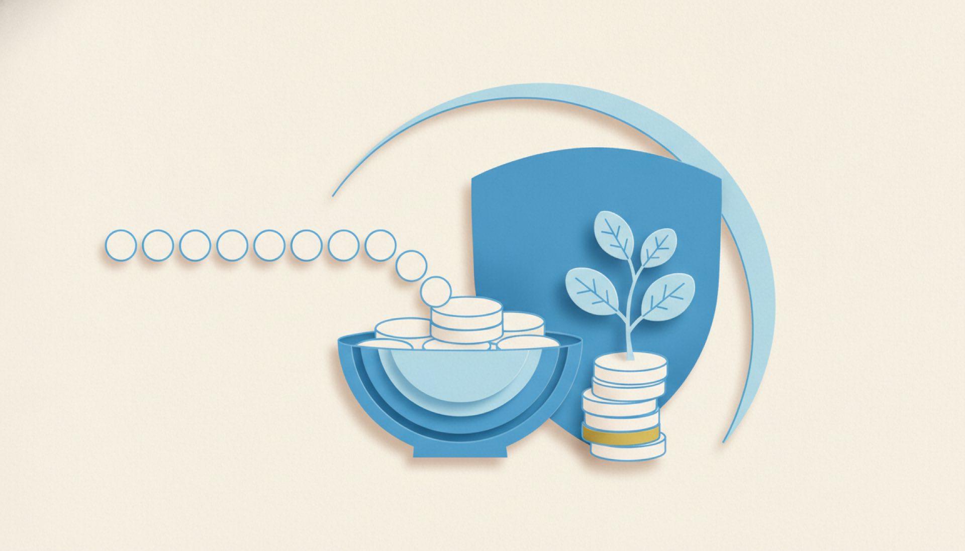 Blue cut-paper illustration of small discs flowing steadily into a rounded vessel