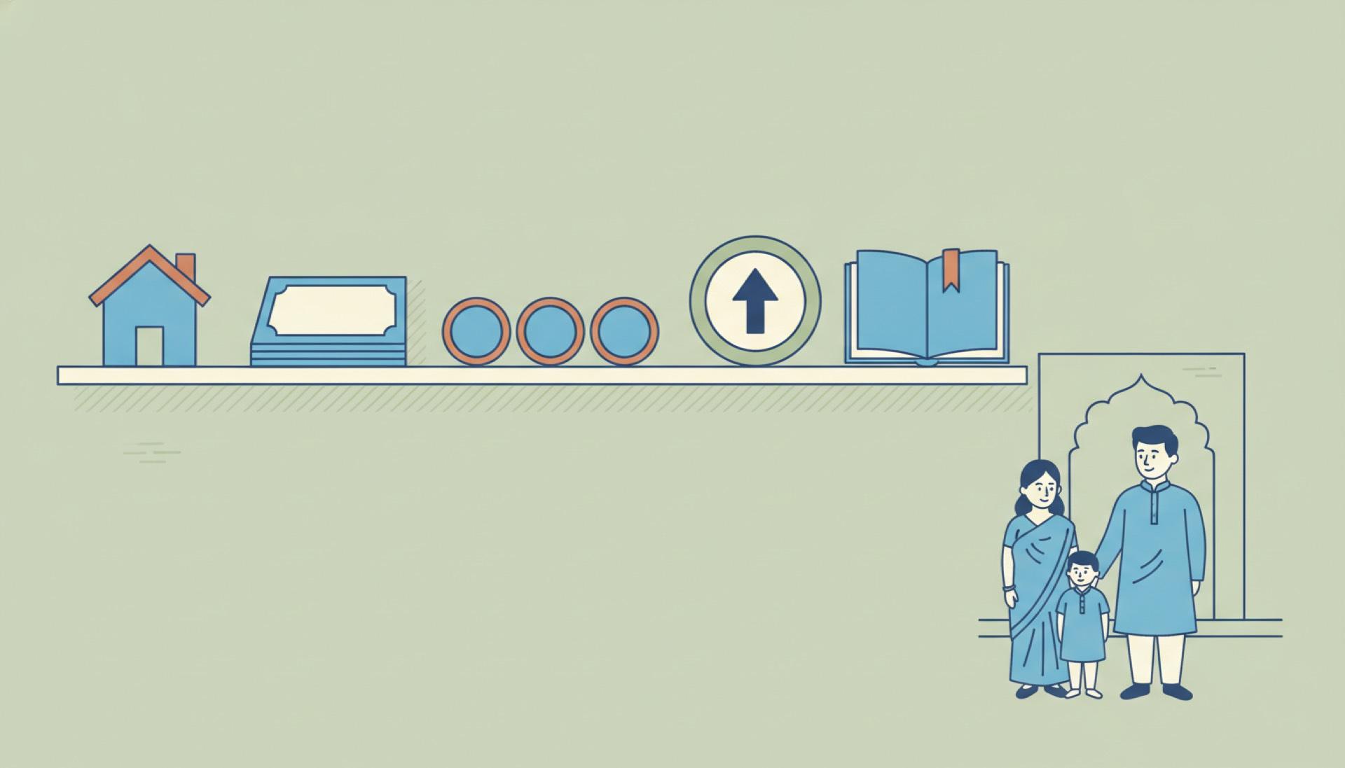 Illustration on a soft sage background of a shelf of distinct objects to choose among