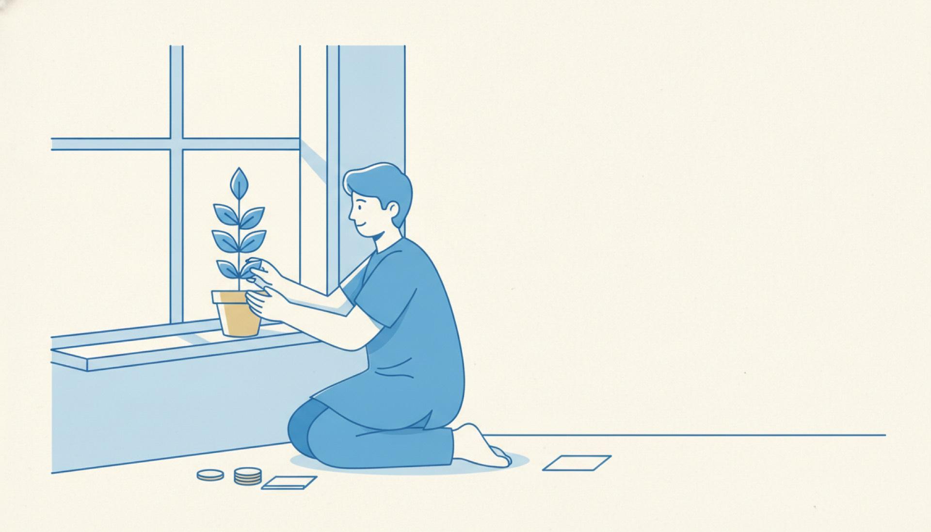 Flat blue illustration of a person tending a plant that has grown in even steps on a windowsill