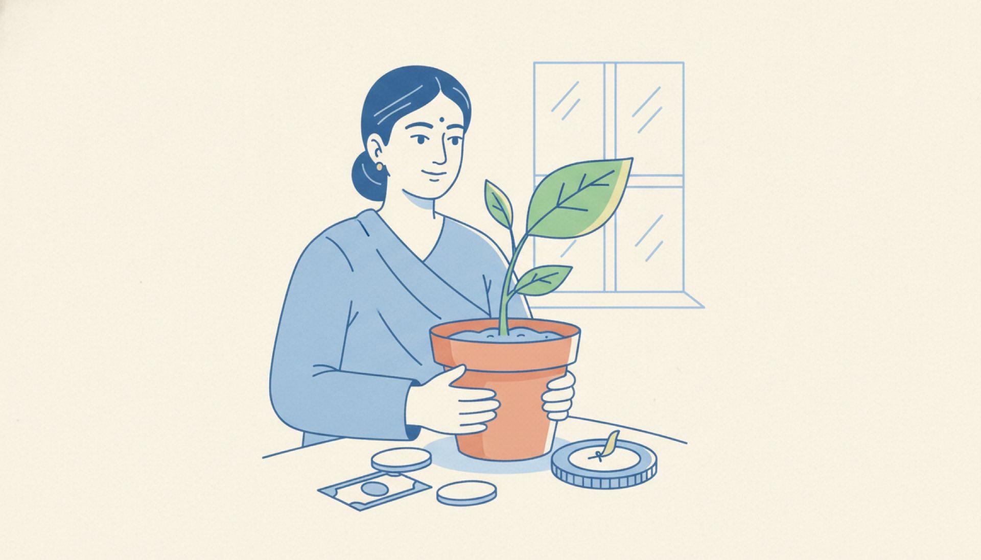 Flat blue illustration of a person holding a growing potted plant with one leaf trimmed and set aside