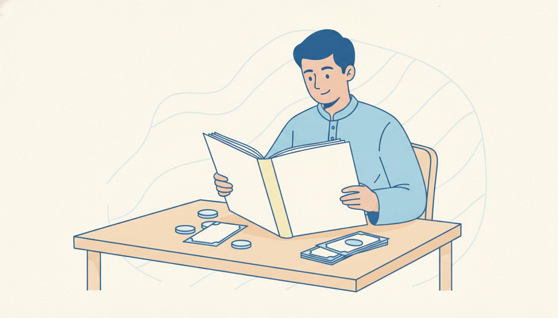 Flat blue illustration of a person reading an open folder of documents at a table