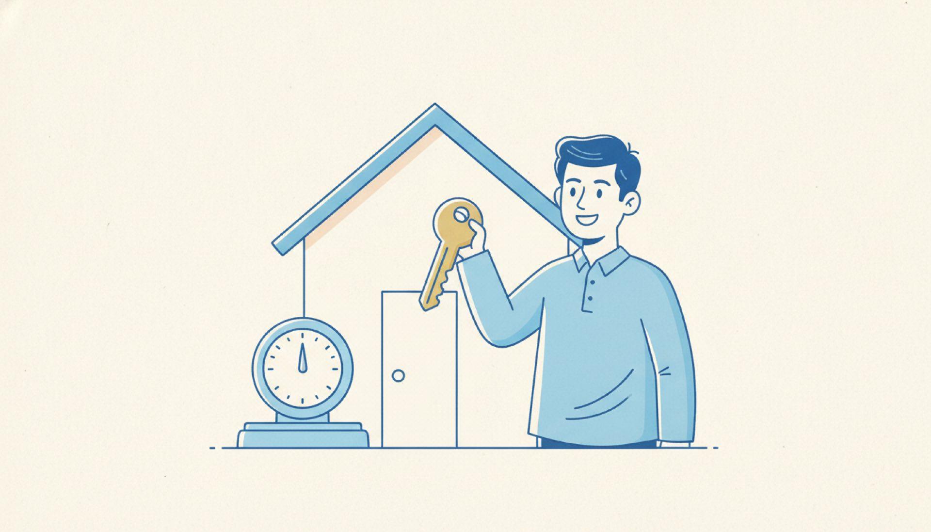 Flat blue illustration of a person before a small house holding a key with a rising dial nearby