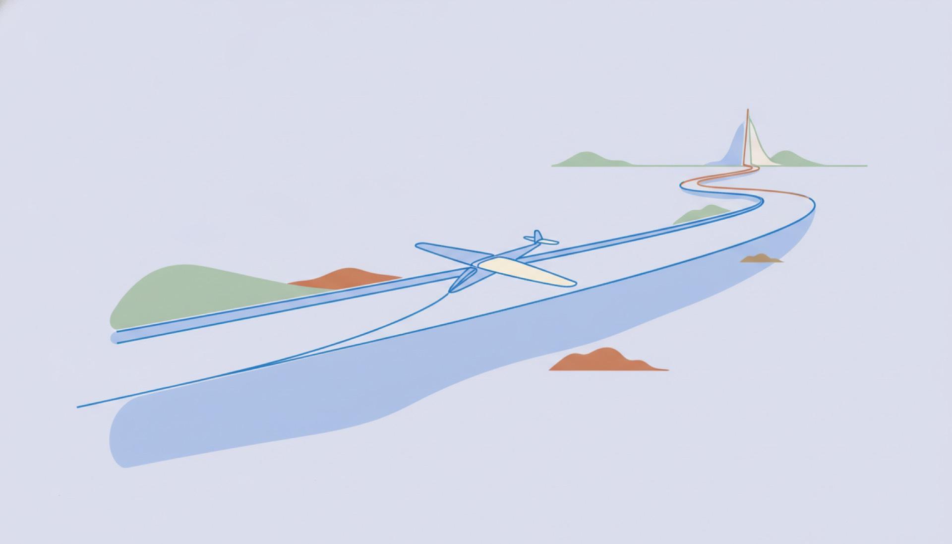 Illustration on a soft lavender background of a rising slope levelling into a long glide with a paper glider