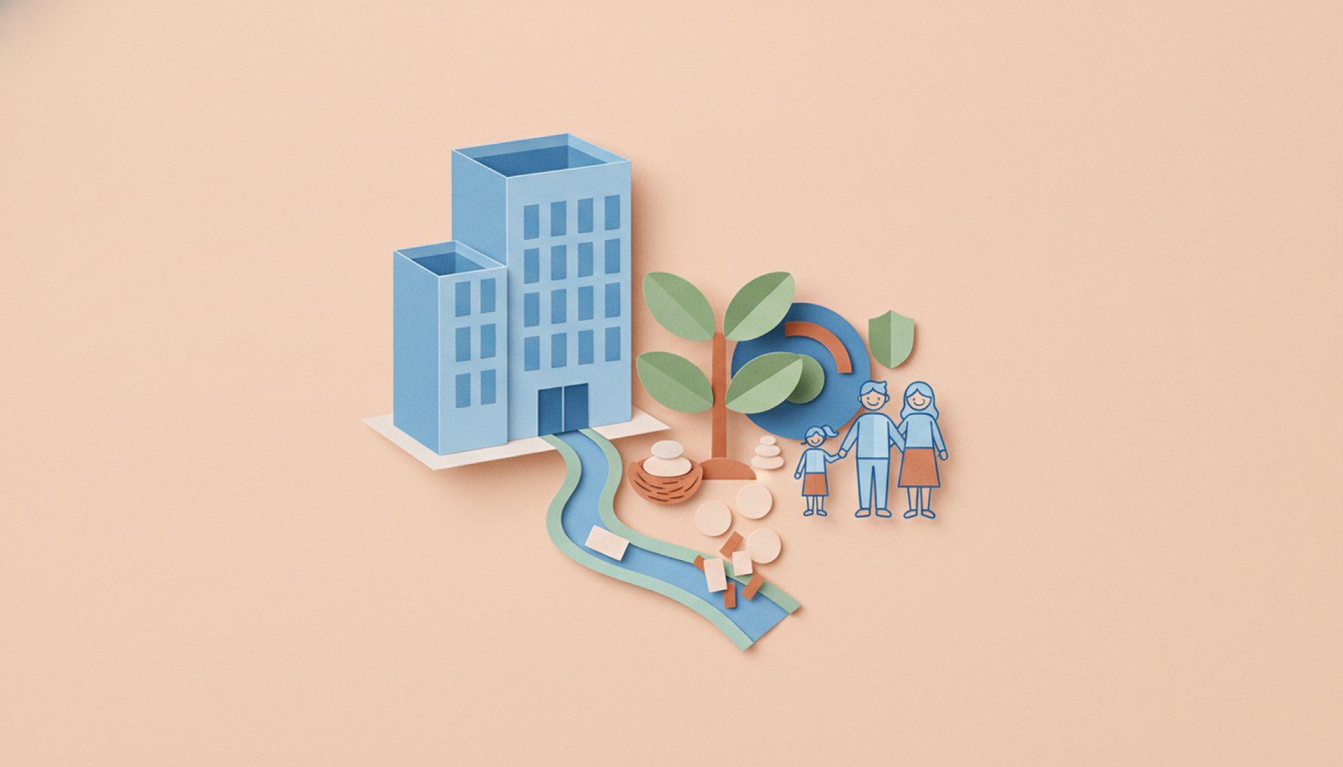 Illustration on a soft peach background of an office building channelling into a small growing plant