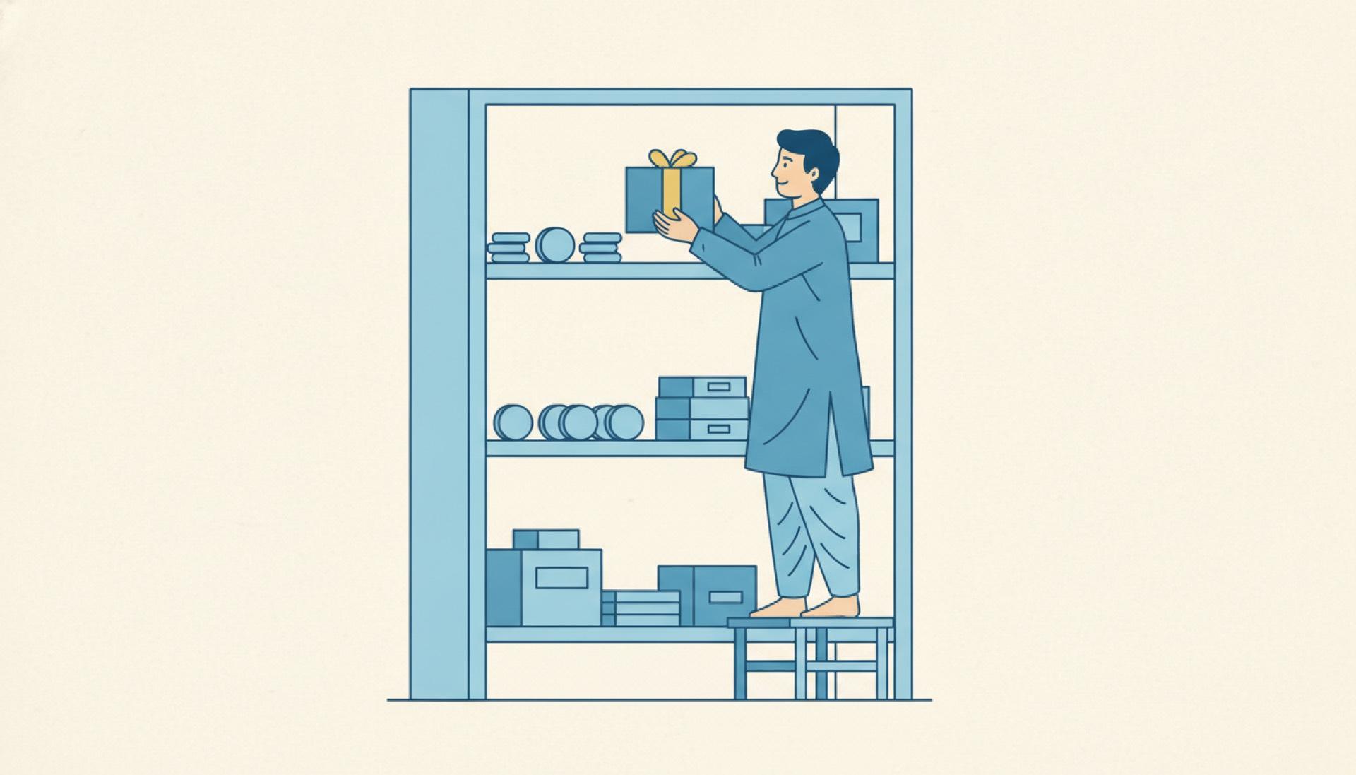 Flat blue illustration of a person moving a parcel from a high shelf to a lower shelf