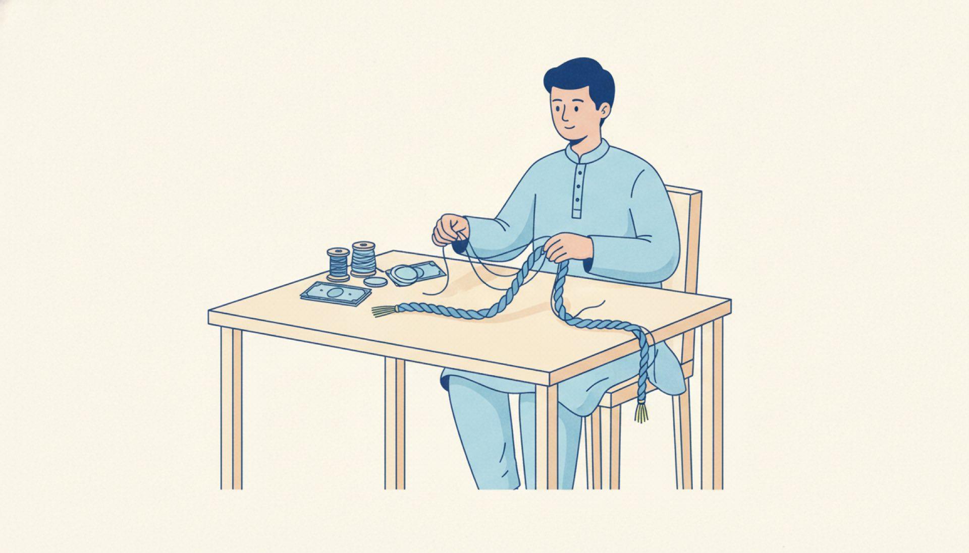 Flat blue illustration of a person gathering several loose threads into one neat rope