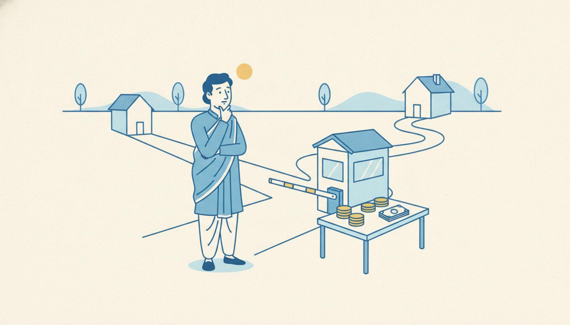 Flat blue illustration of a person choosing between a short straight path and a longer path past a tollgate