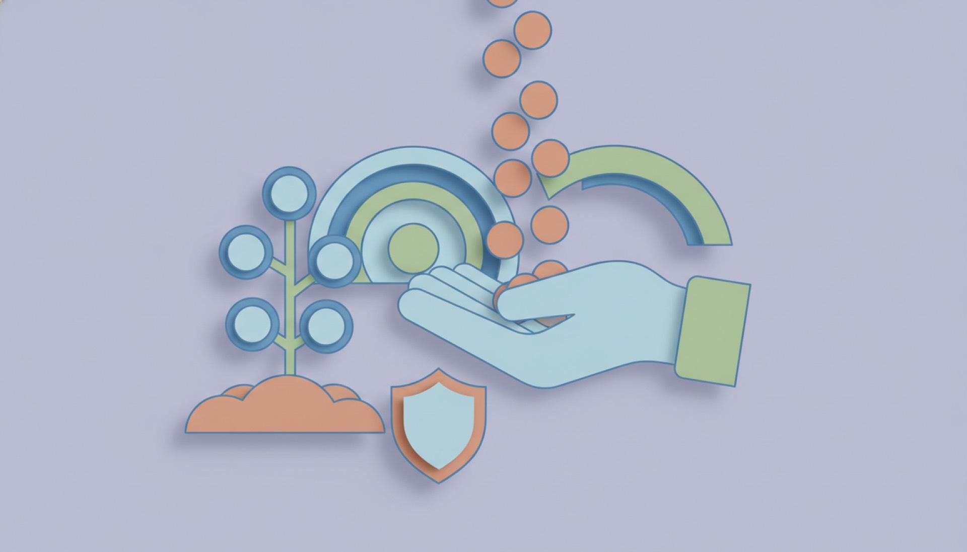 Illustration on a soft lavender background of an open hand receiving a steady stream of small circles