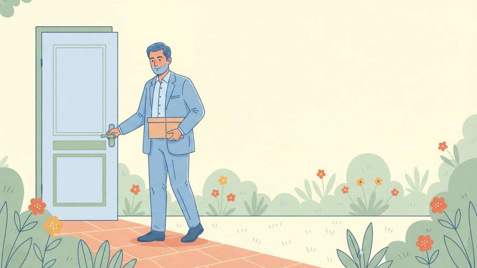 Illustration of an Indian man in his forties closing an office door behind him and stepping onto a sunlit path, carrying a small box