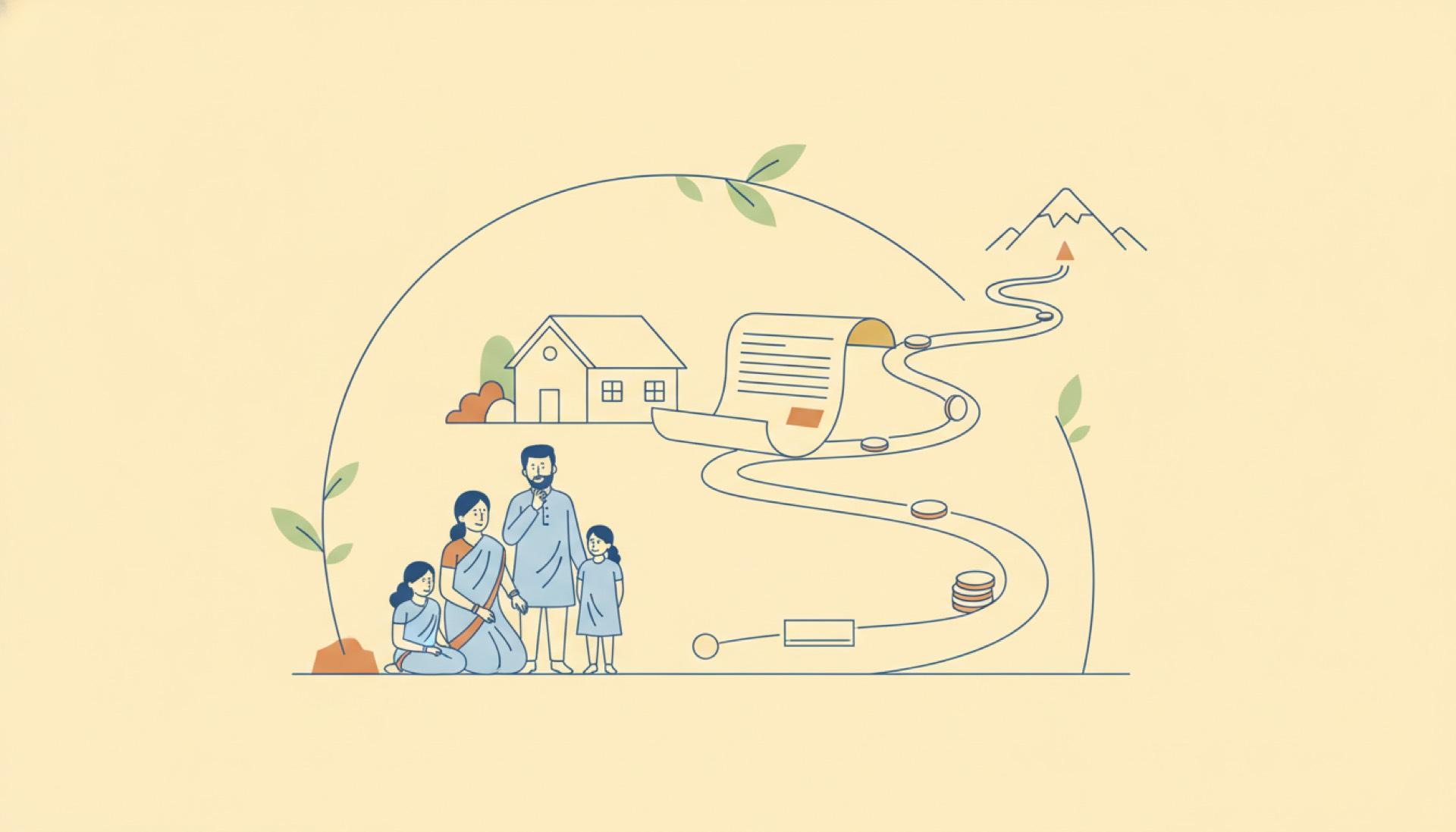 Line-art illustration on a soft pale-yellow background of an Indian family with a house, a will scroll and a path of coins leading to a mountain peak