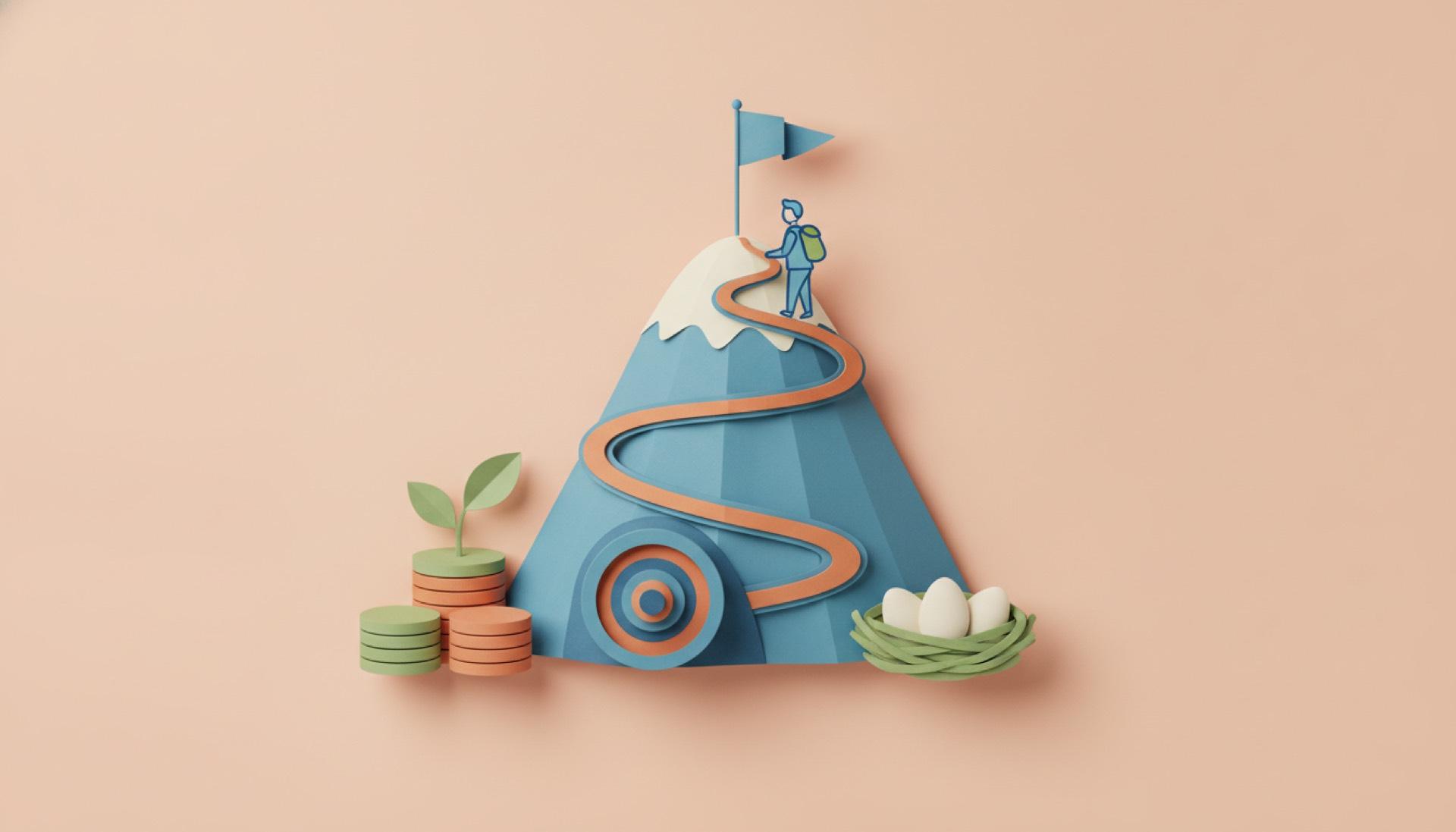 Illustration on a soft peach background of a mountain peak with a flag and a winding path to the summit