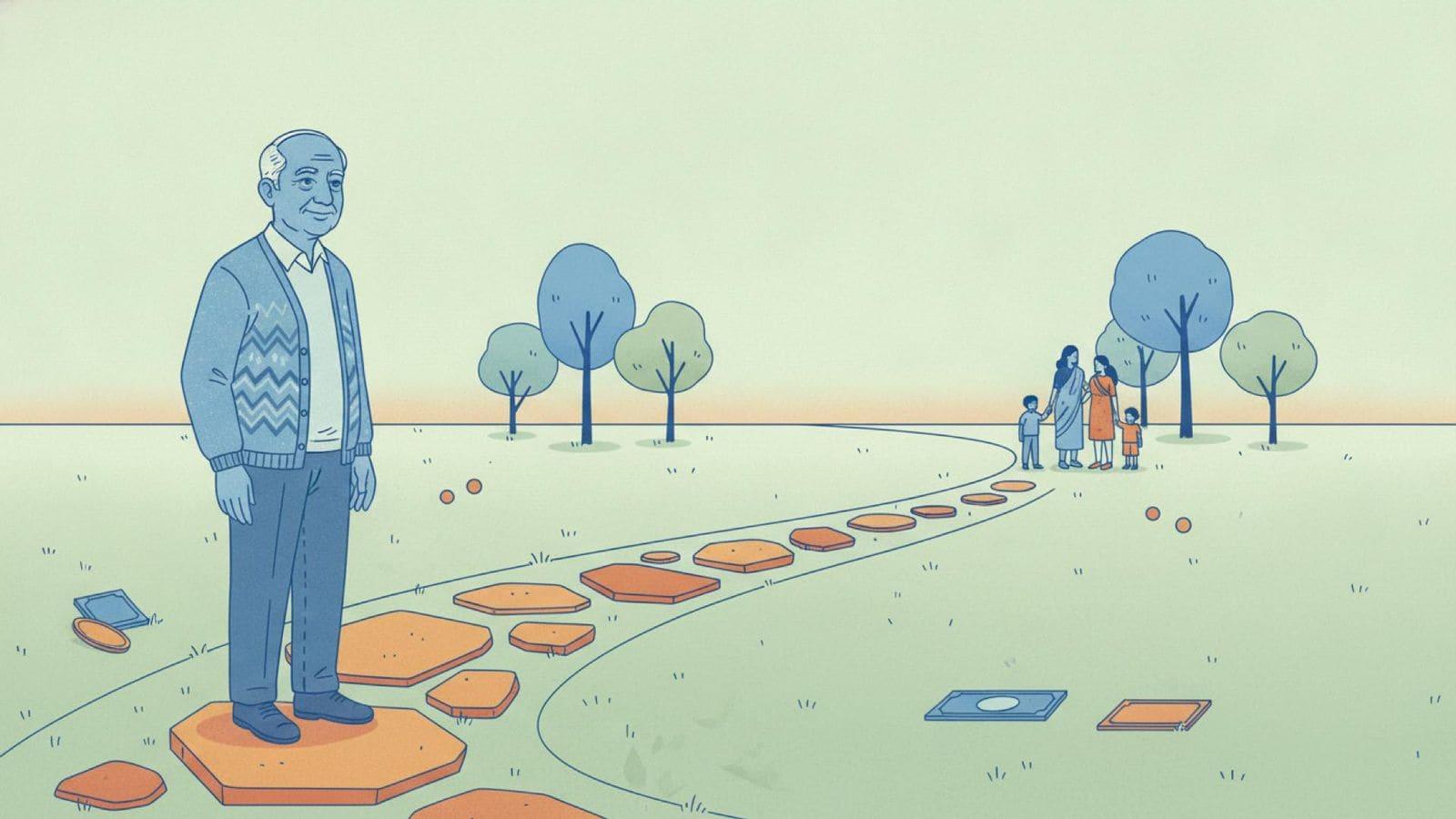 Illustration of an older Indian man in a cardigan standing on the first of a line of stepping stones that leads across a wide lawn towards trees