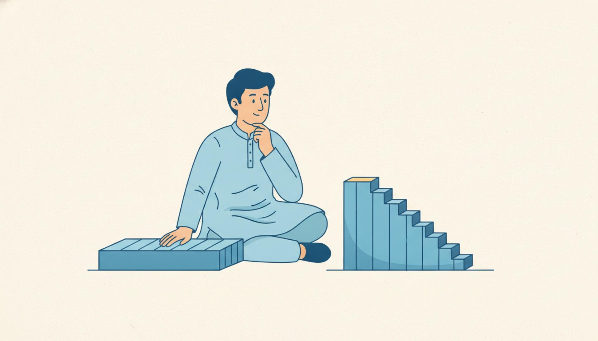 Flat blue illustration of a person comparing two small staircases, one flat and one descending