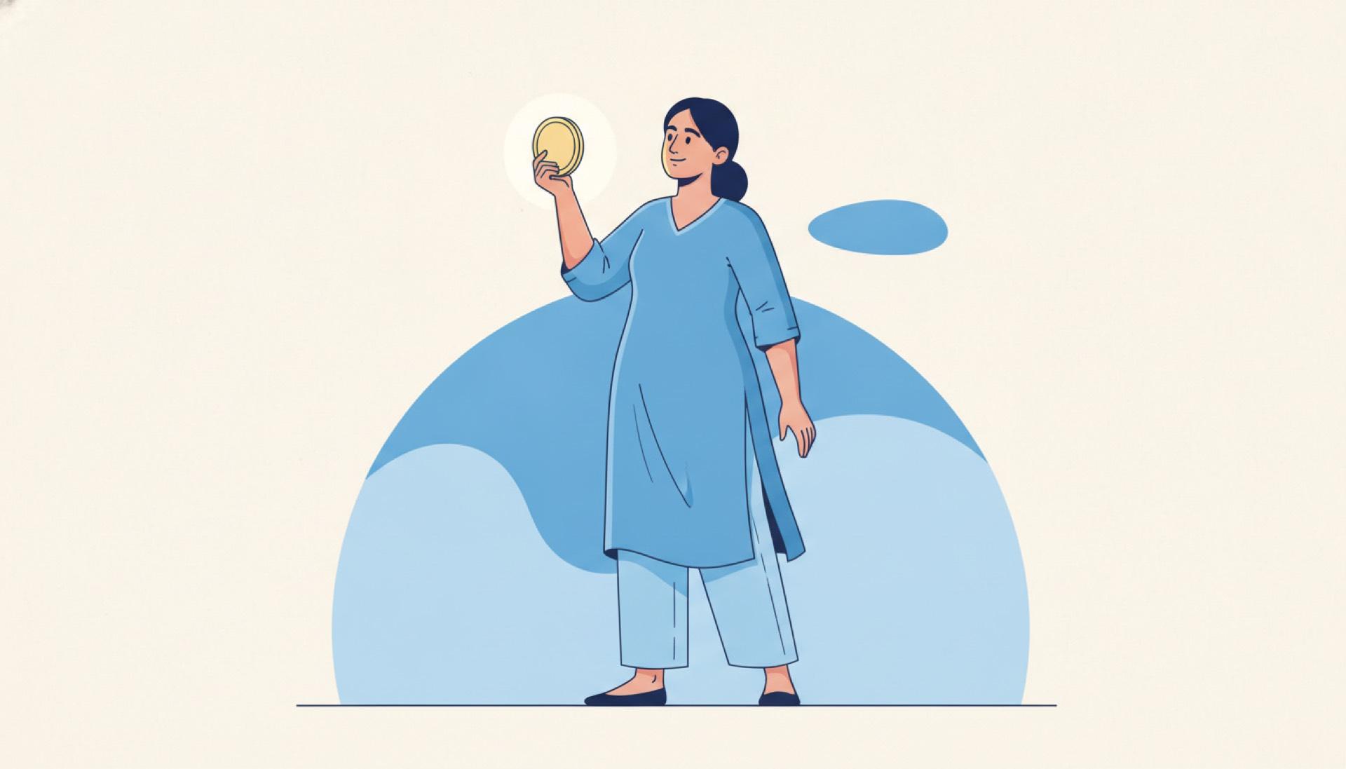 Flat blue illustration of a woman holding up a round medallion toward soft light