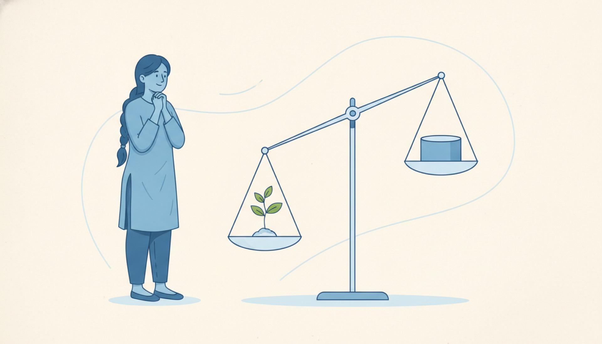Flat blue illustration of a person watching a balance scale with a growing plant on one side and a heavy weight on the other