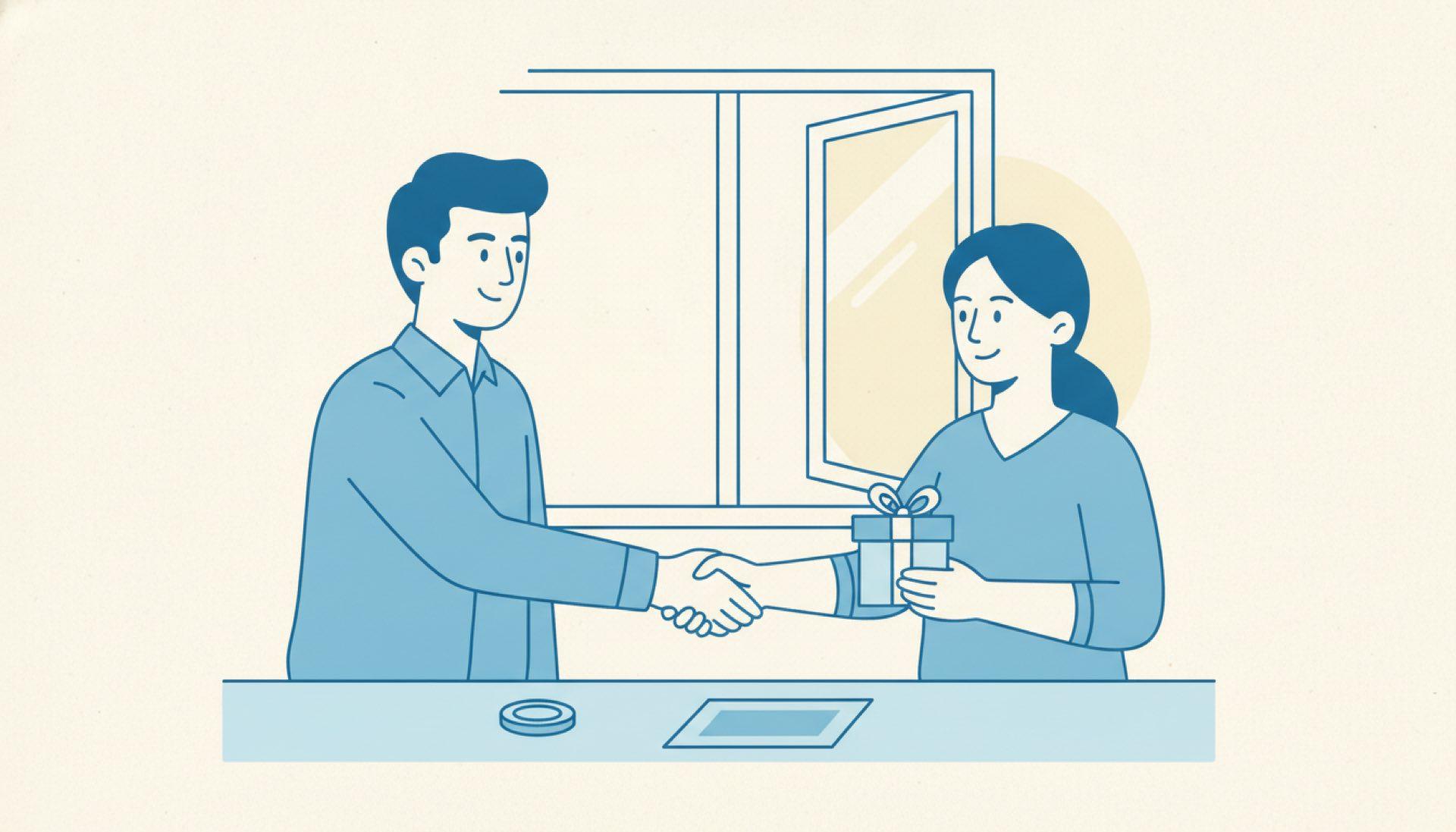 Flat blue illustration of a person receiving a farewell handshake and a small gift at a desk