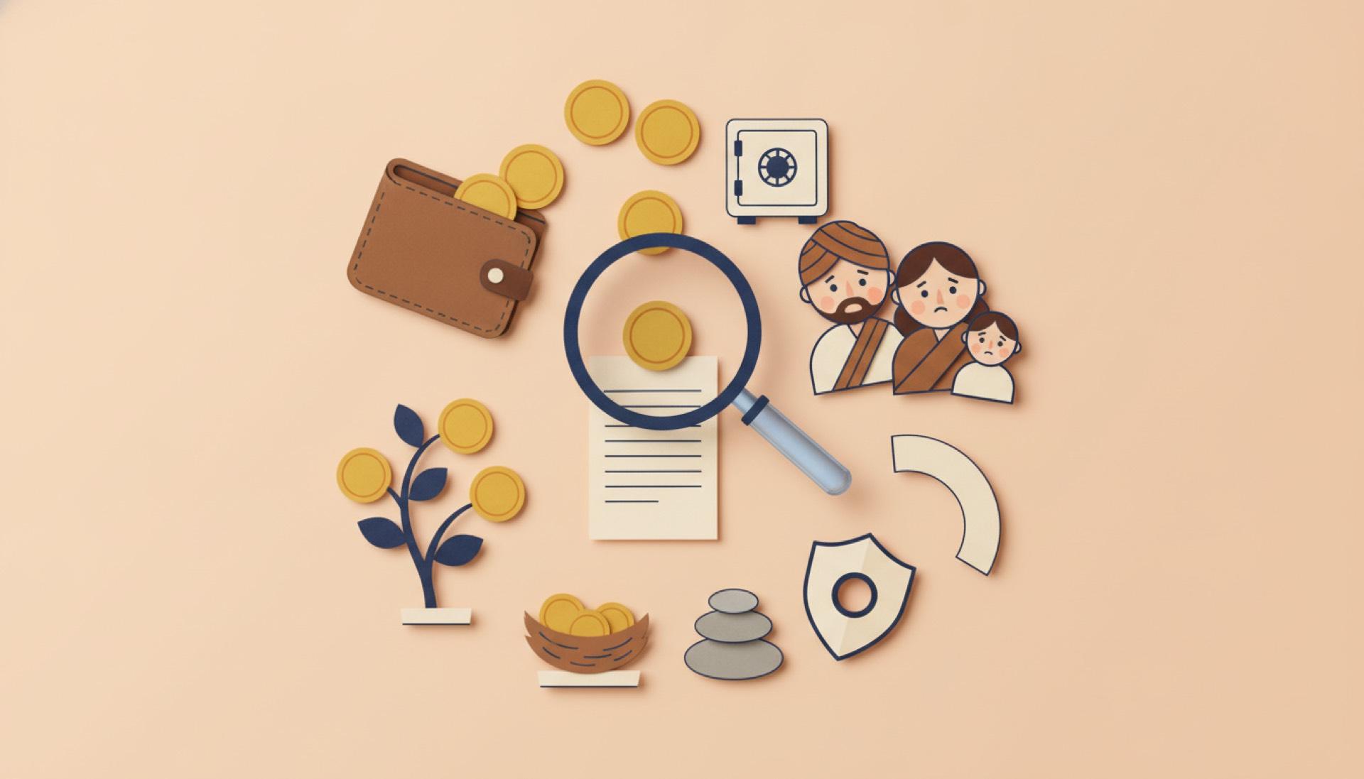 Cut-paper illustration on a soft apricot background of coins slipping from a wallet and a magnifying glass over a fine-print statement, with an Indian family noticing