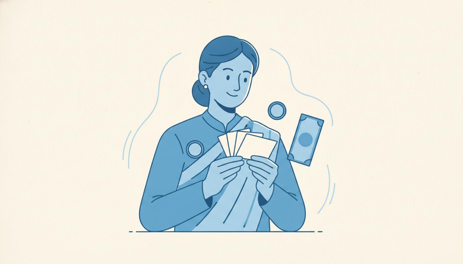 Flat blue illustration of a person holding a small fan of blank cards, considering