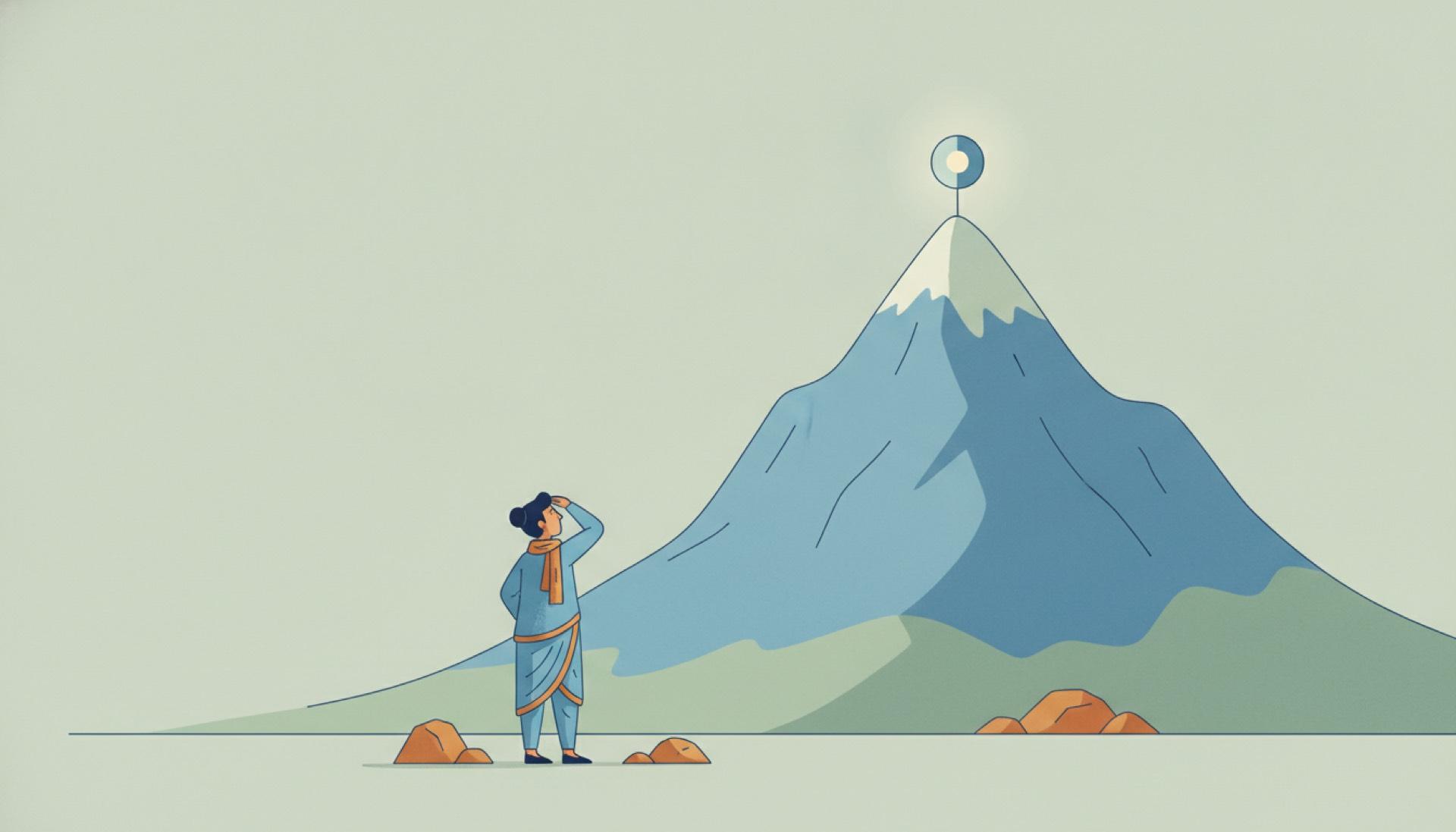 Illustration on a soft sage background of a figure at the base of a mountain looking up at a summit marker