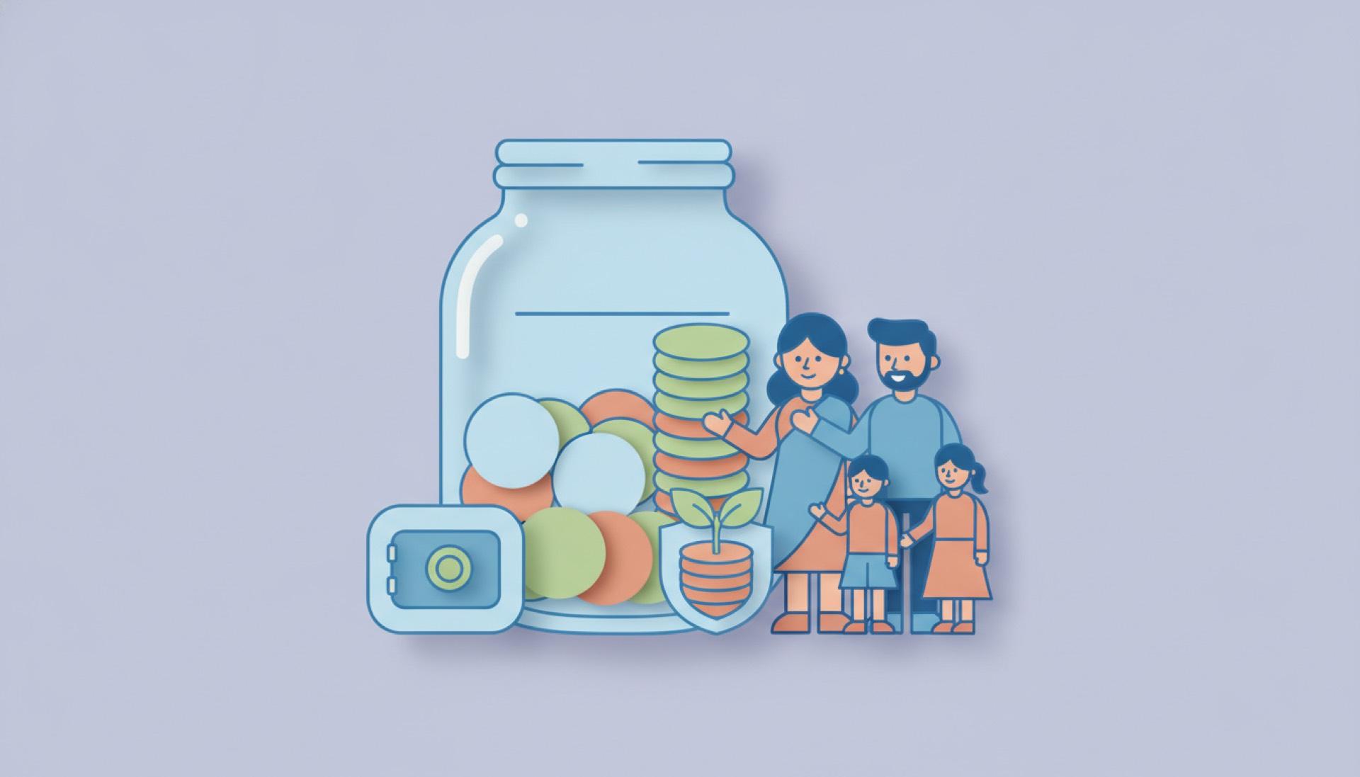 Cut-paper illustration on a soft lavender background of a large jar filling with coins beside a small safe and an Indian family