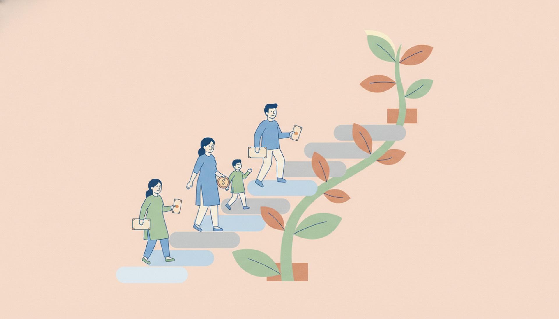 Illustration on a soft peach background of a rising staircase turning into a growing sprout