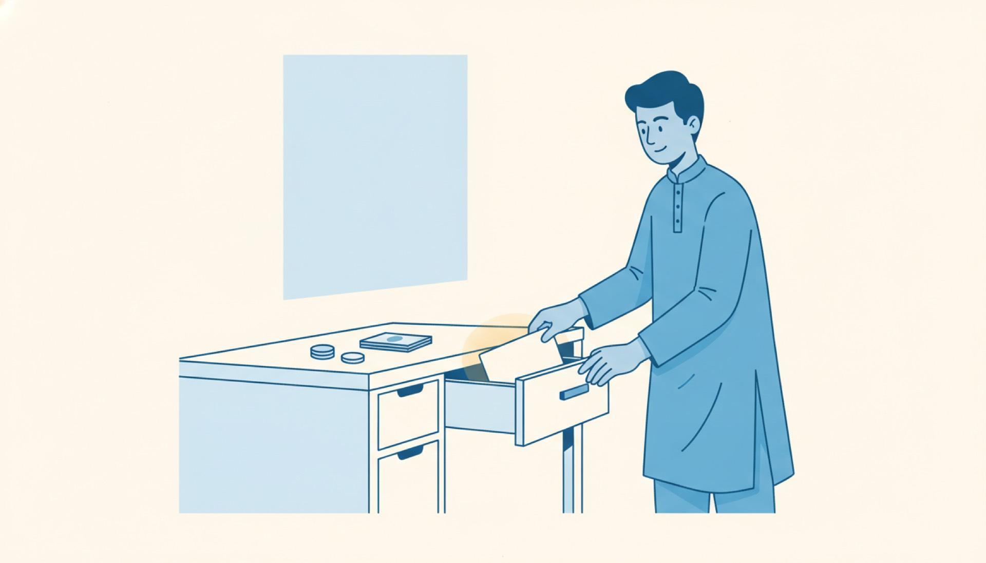 Flat blue illustration of a person sliding a card into a drawer and closing it