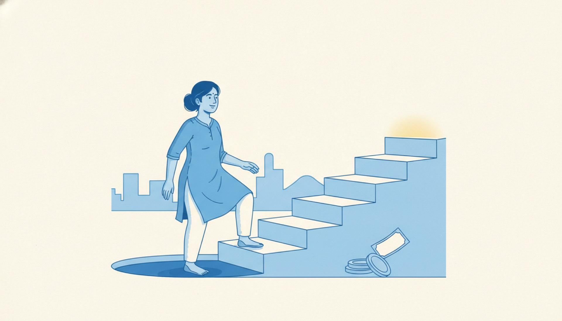 Flat blue illustration of a person climbing out of a shallow dip up steps toward brighter light