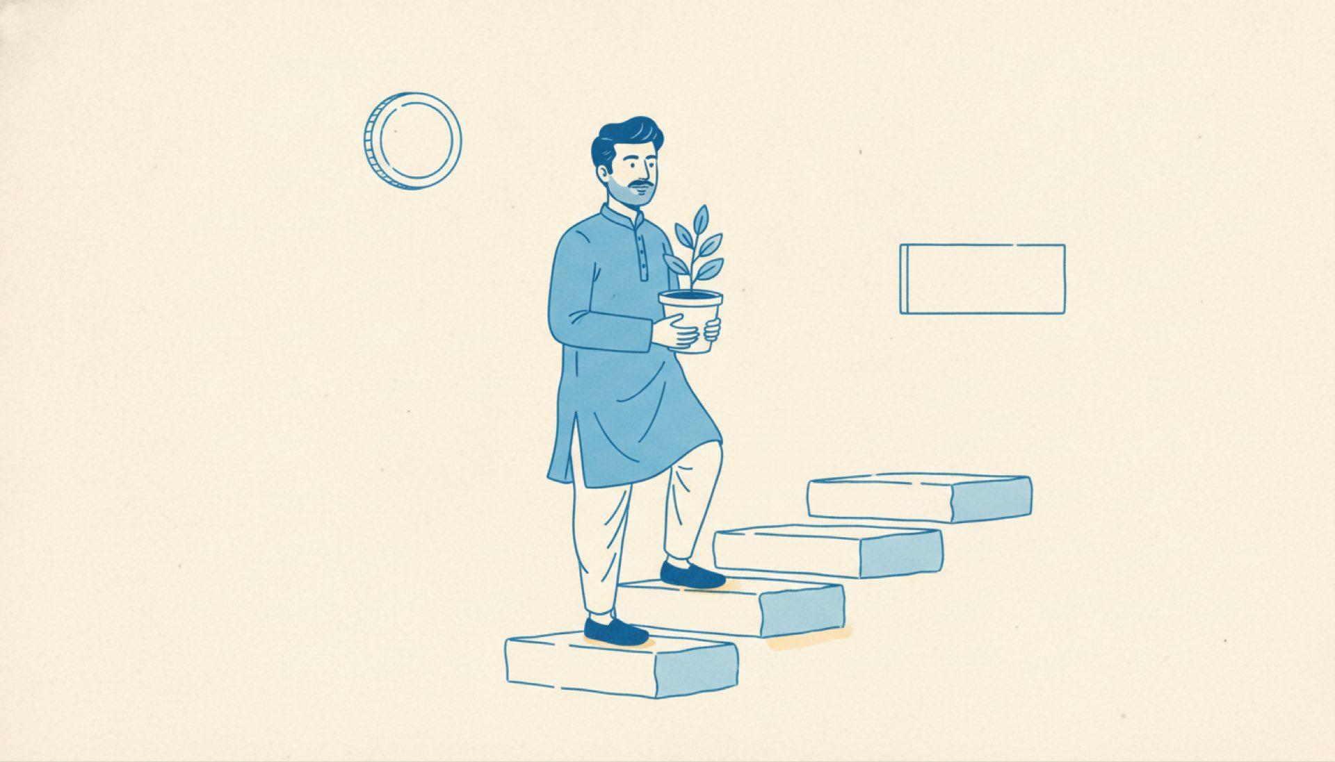 Flat illustration of a man climbing a staircase while carrying a growing potted plant, suggesting steady progress over time