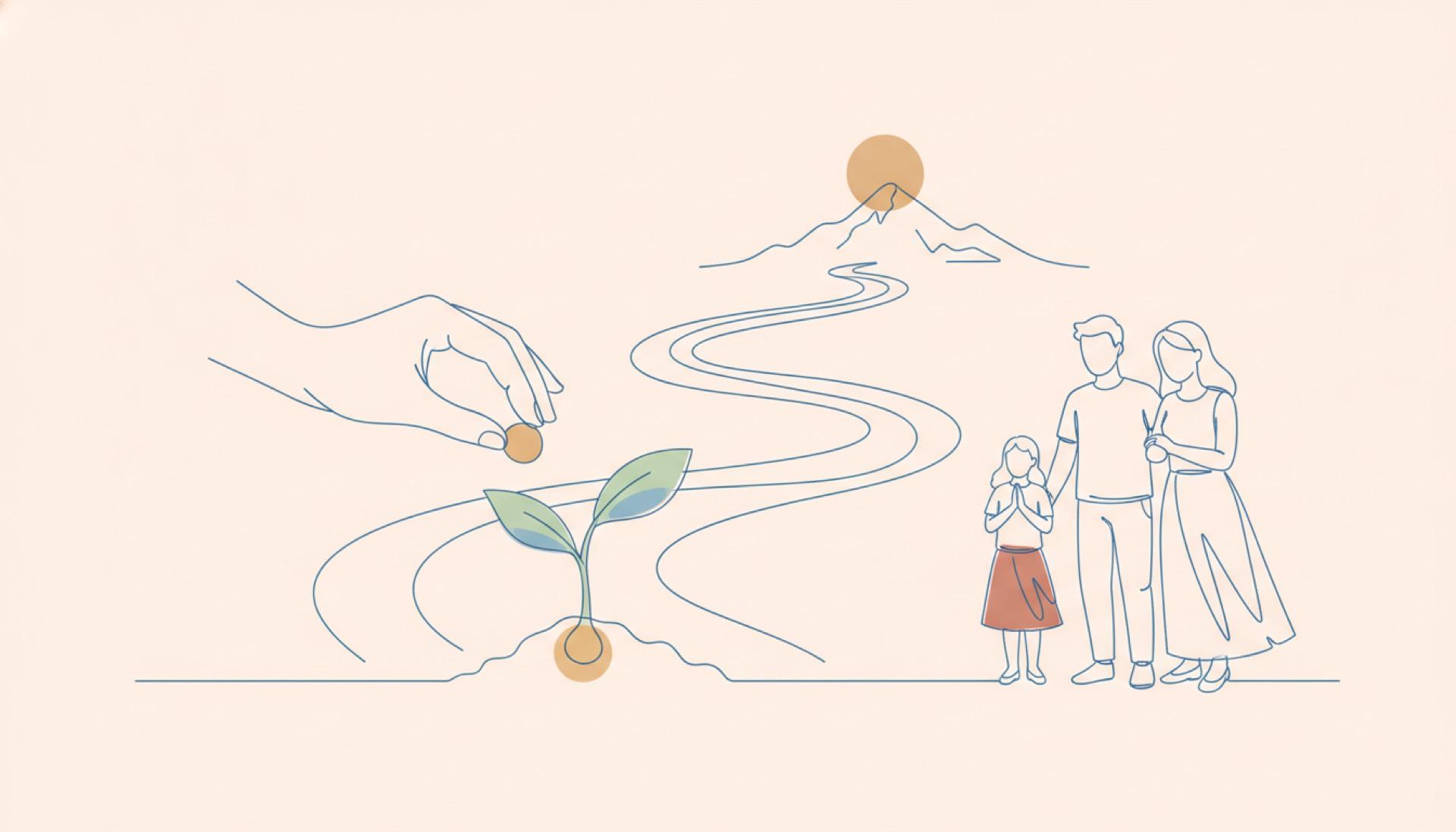 Illustration on a soft peach background of a small seed being planted carefully with a little sprout