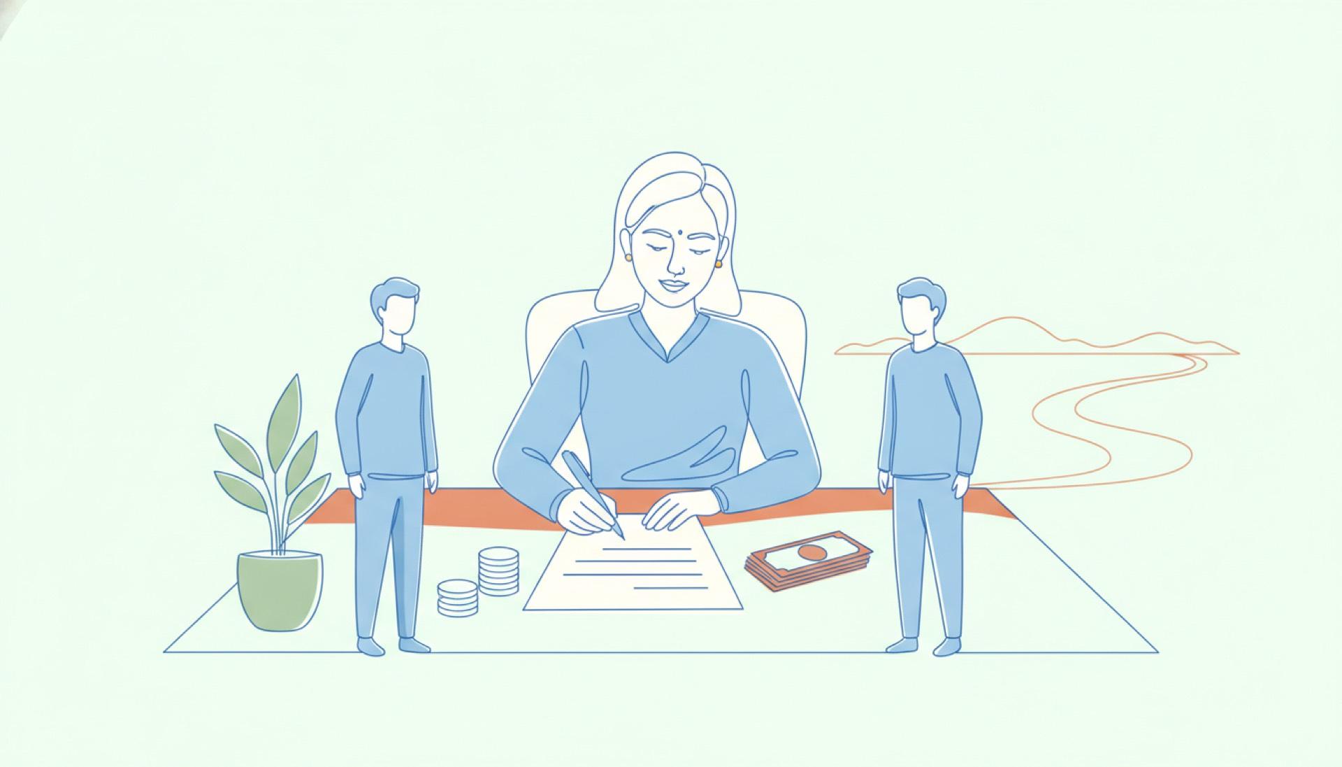 Line-art illustration on a soft mint-green background of a woman signing a document at a desk with two witnesses standing on either side