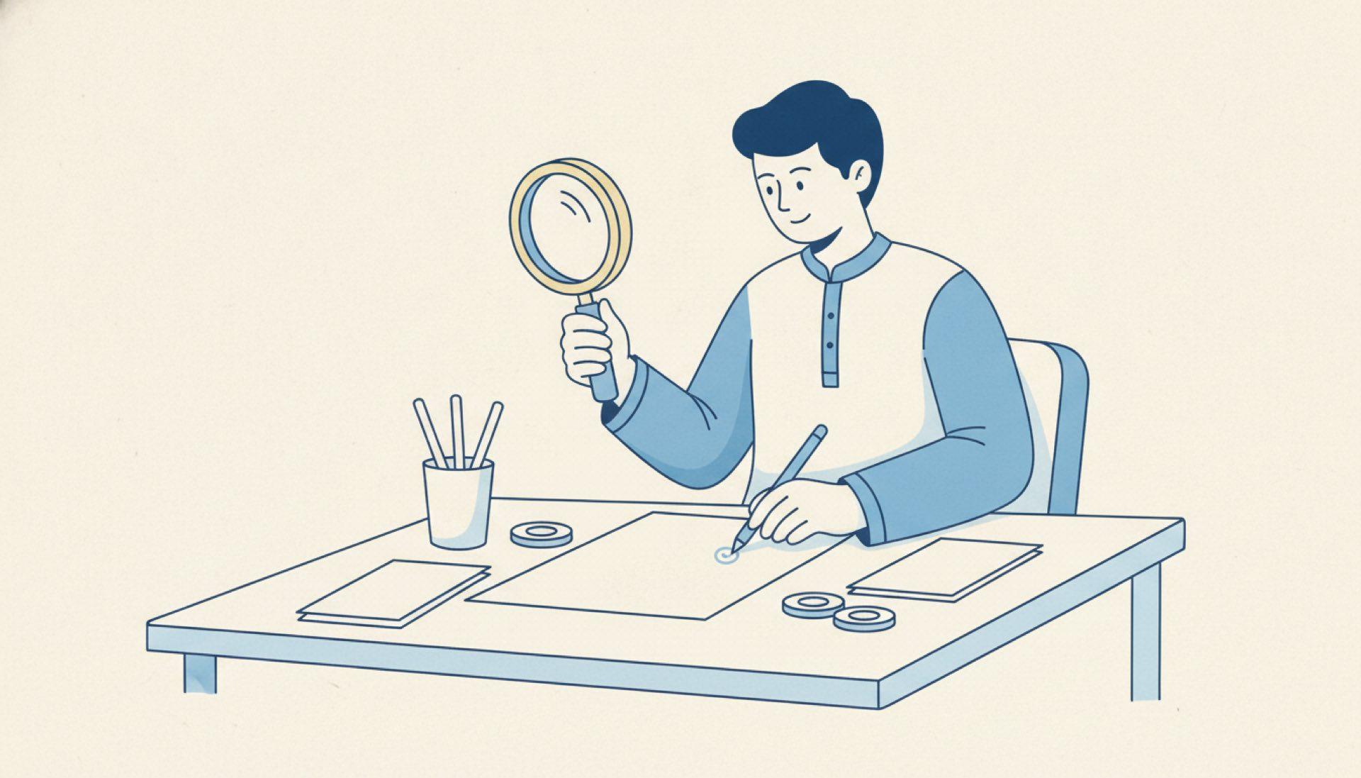 Flat blue illustration of a person examining a document with a magnifying glass and marking a correction