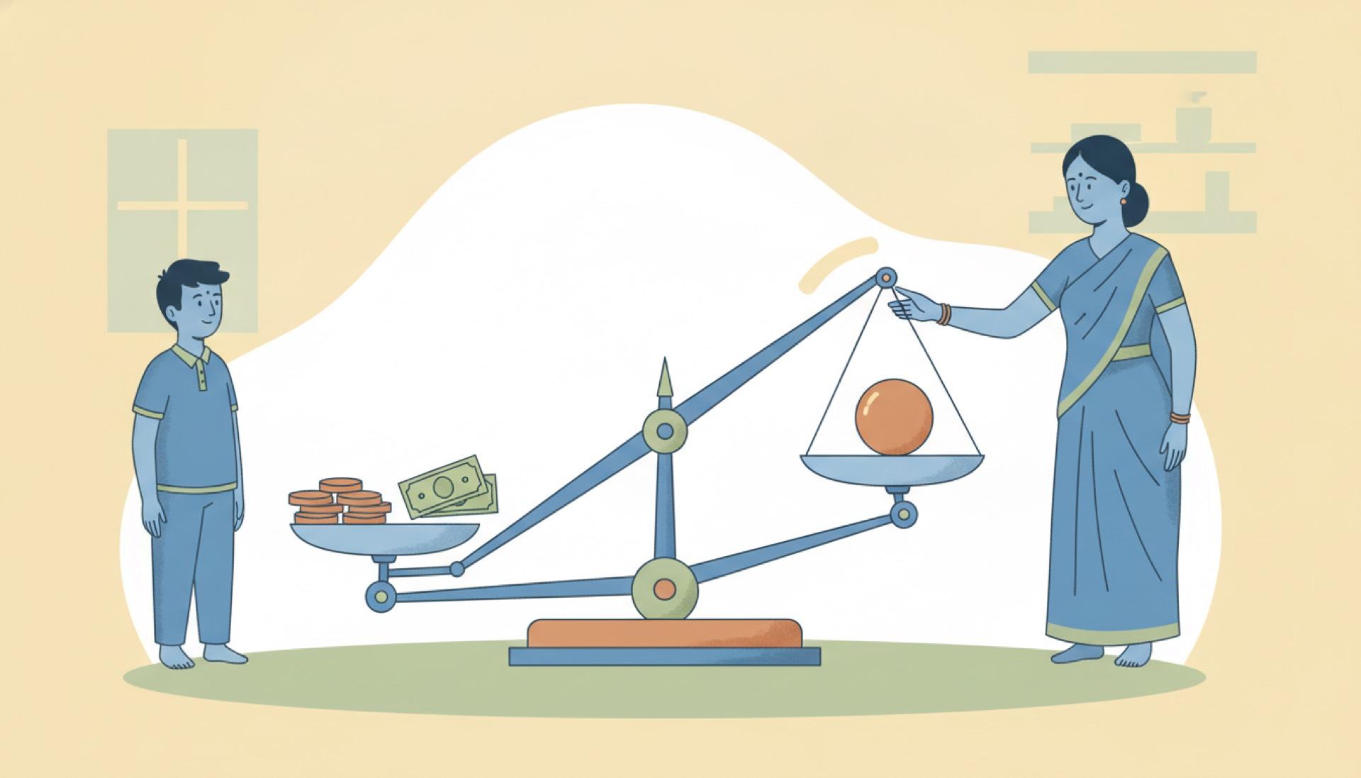 Illustration on a soft yellow background of a balance scale being adjusted back to level
