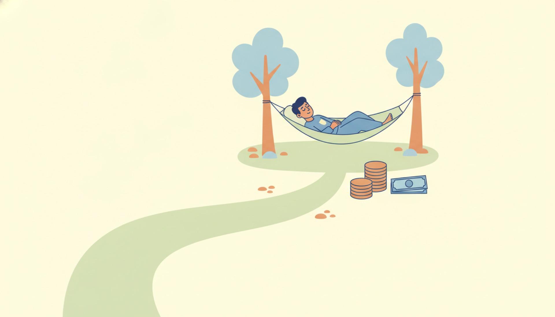 Illustration on a soft yellow background of a path with a shortcut to a hammock between two trees