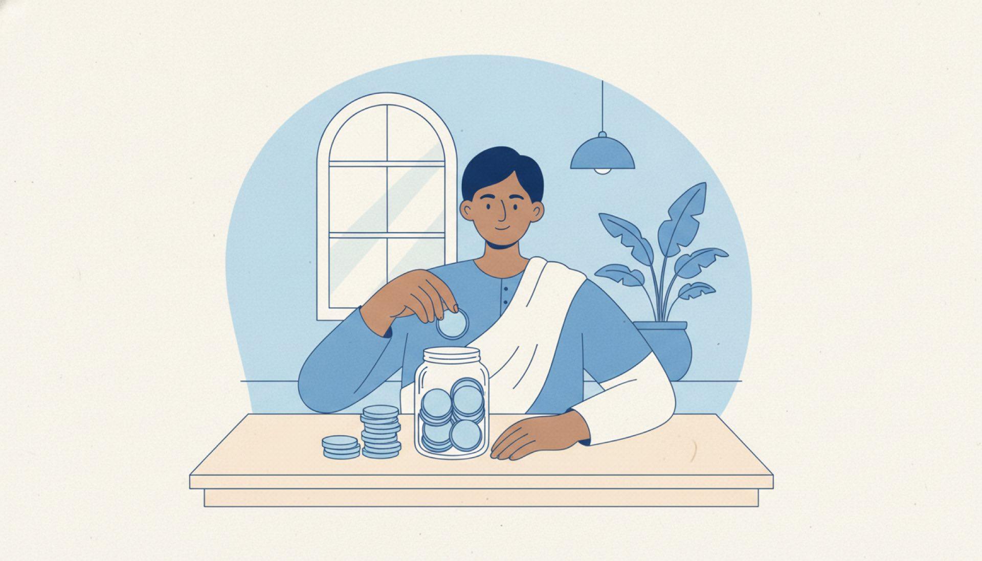 Flat blue illustration of a person setting aside a portion of coins into a jar on a table
