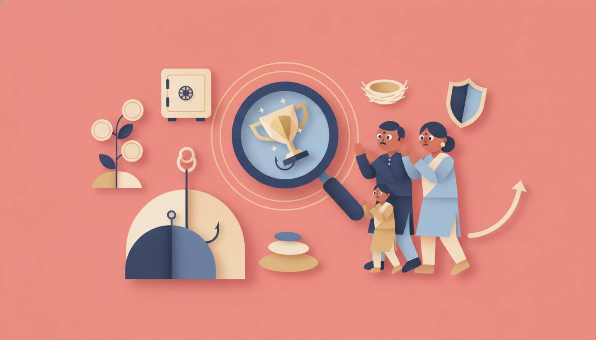 Cut-paper illustration on a soft coral background of a magnifying glass inspecting a glittering trophy above a hidden hook, with a wary Indian family stepping back