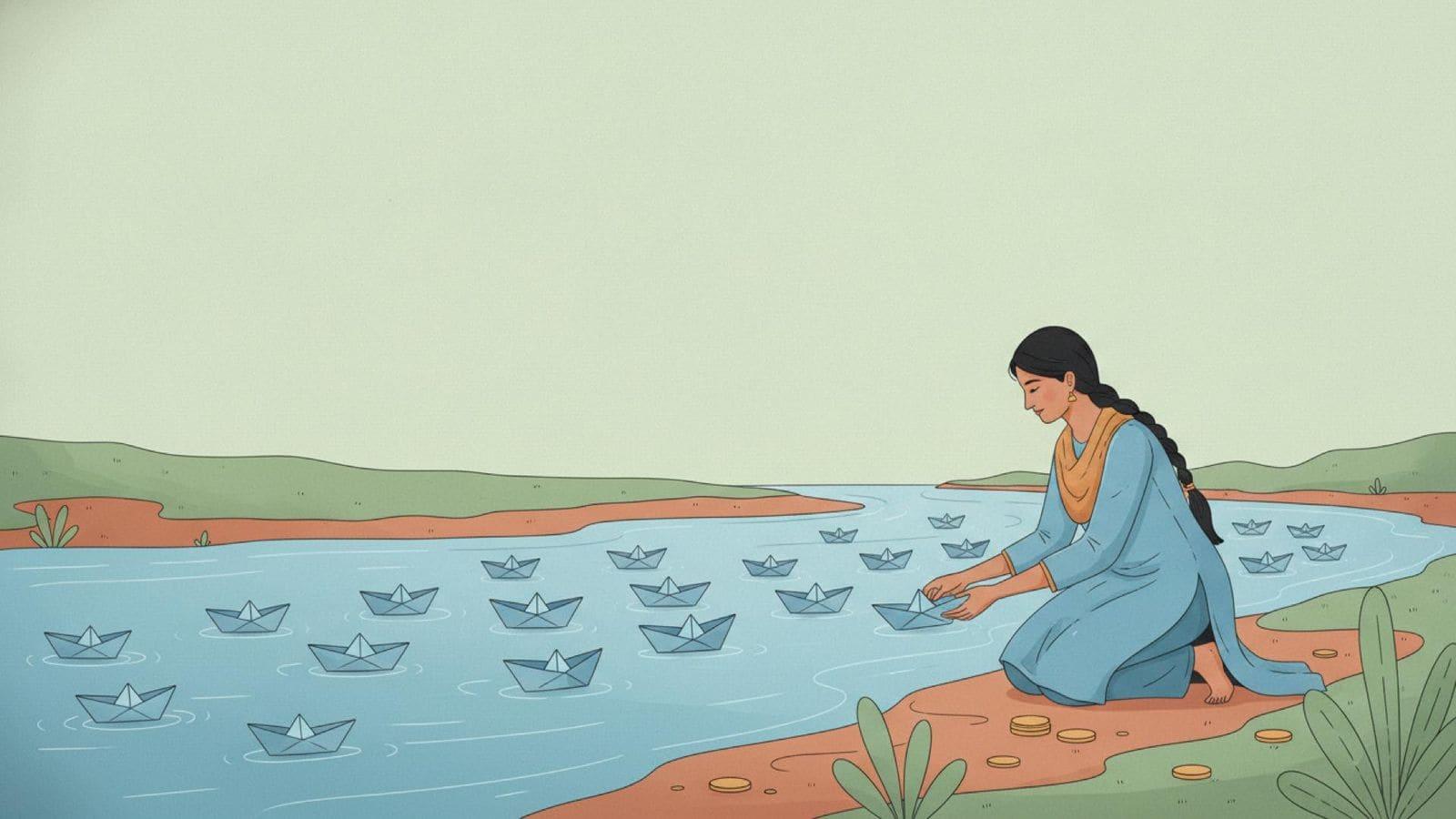 Illustration of an Indian woman kneeling on a riverbank, setting a small paper boat onto a calm river where many identical paper boats drift together