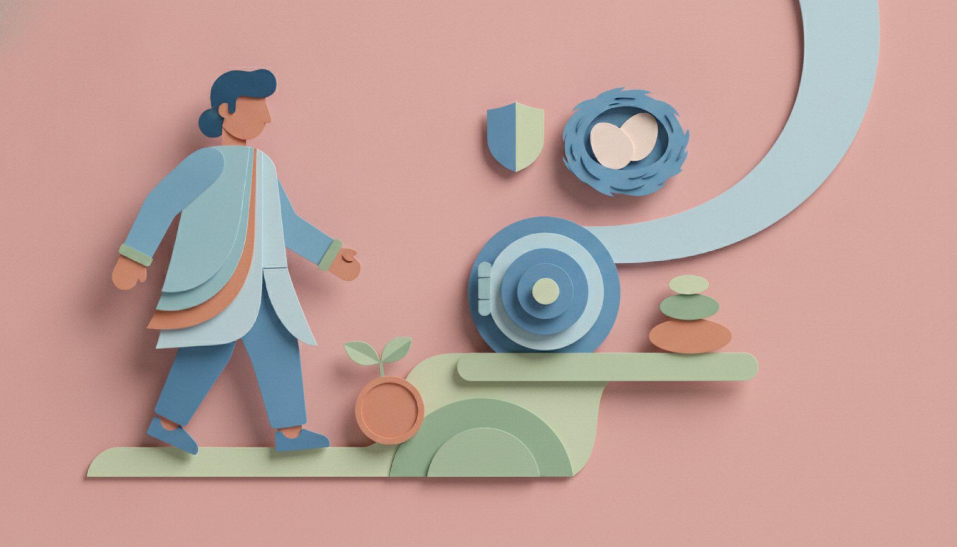 Illustration on a soft rose background of a person taking a first step onto a path beside a small sprout