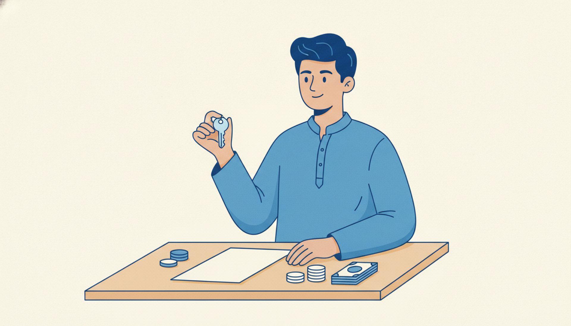 Flat blue illustration of a person holding a house key beside a rent document on a desk