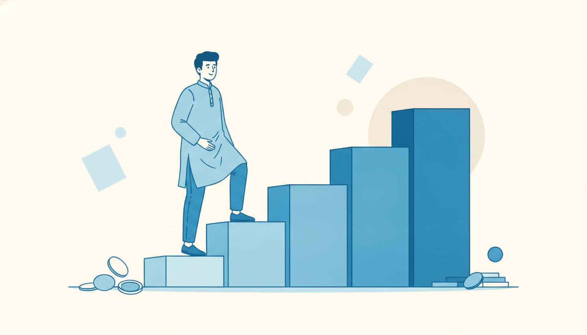 Flat blue illustration of a person climbing ascending blocks of increasing size like steps