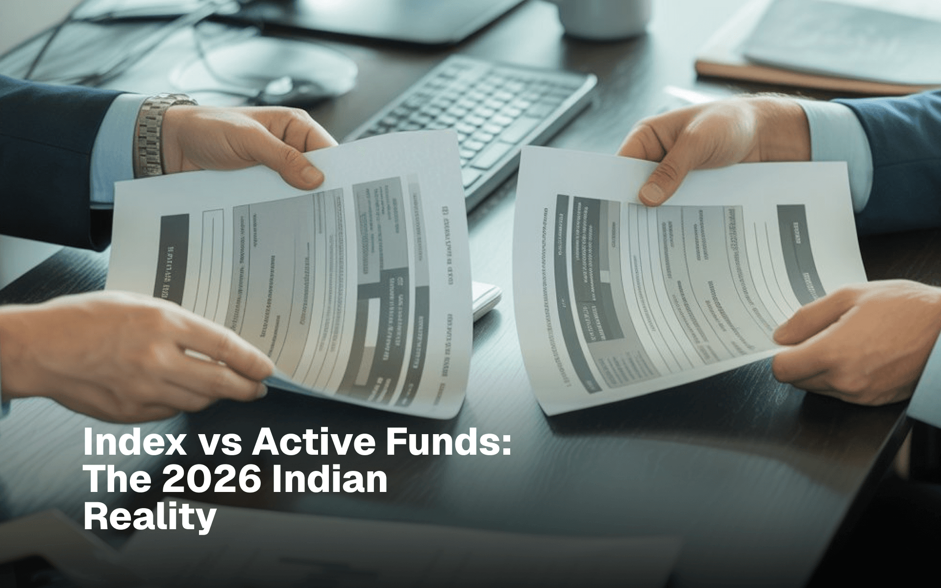 Two professionals comparing fund factsheets across a desk