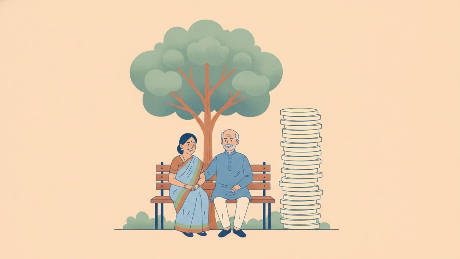 Illustration of an older Indian couple on a park bench under a tree, a tall stack of plain coins standing beside them