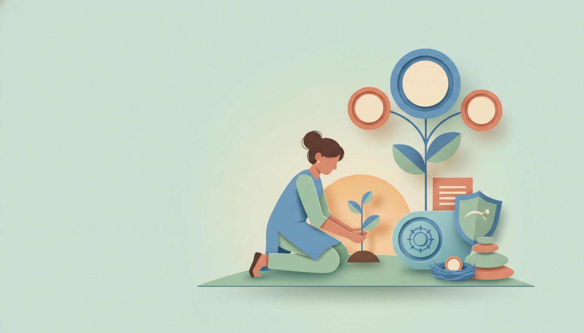 Illustration on a soft mint background of a person planting a young sapling with open sky ahead
