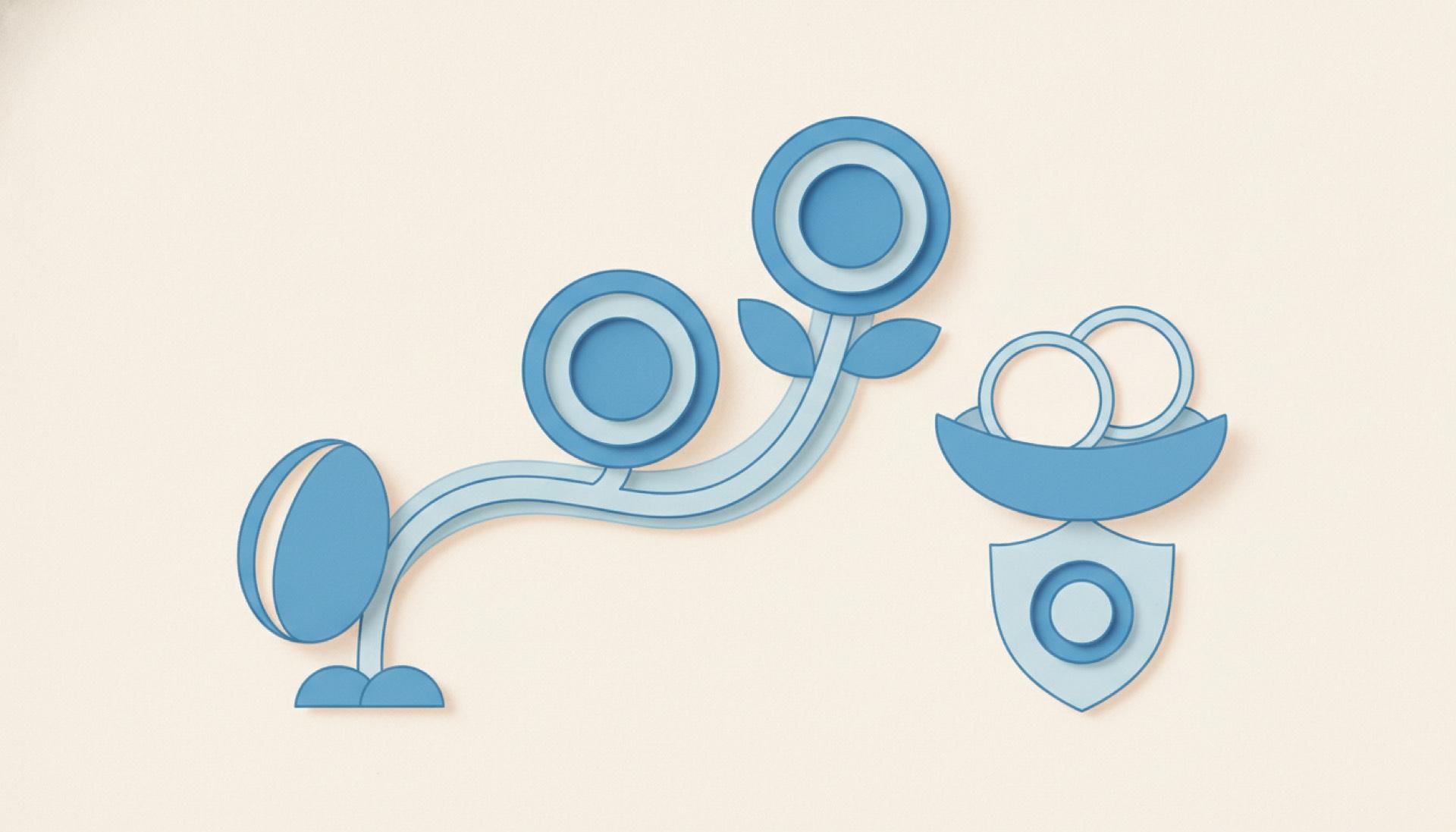 Blue cut-paper illustration of a single seed growing into two matching rounded forms along an arc
