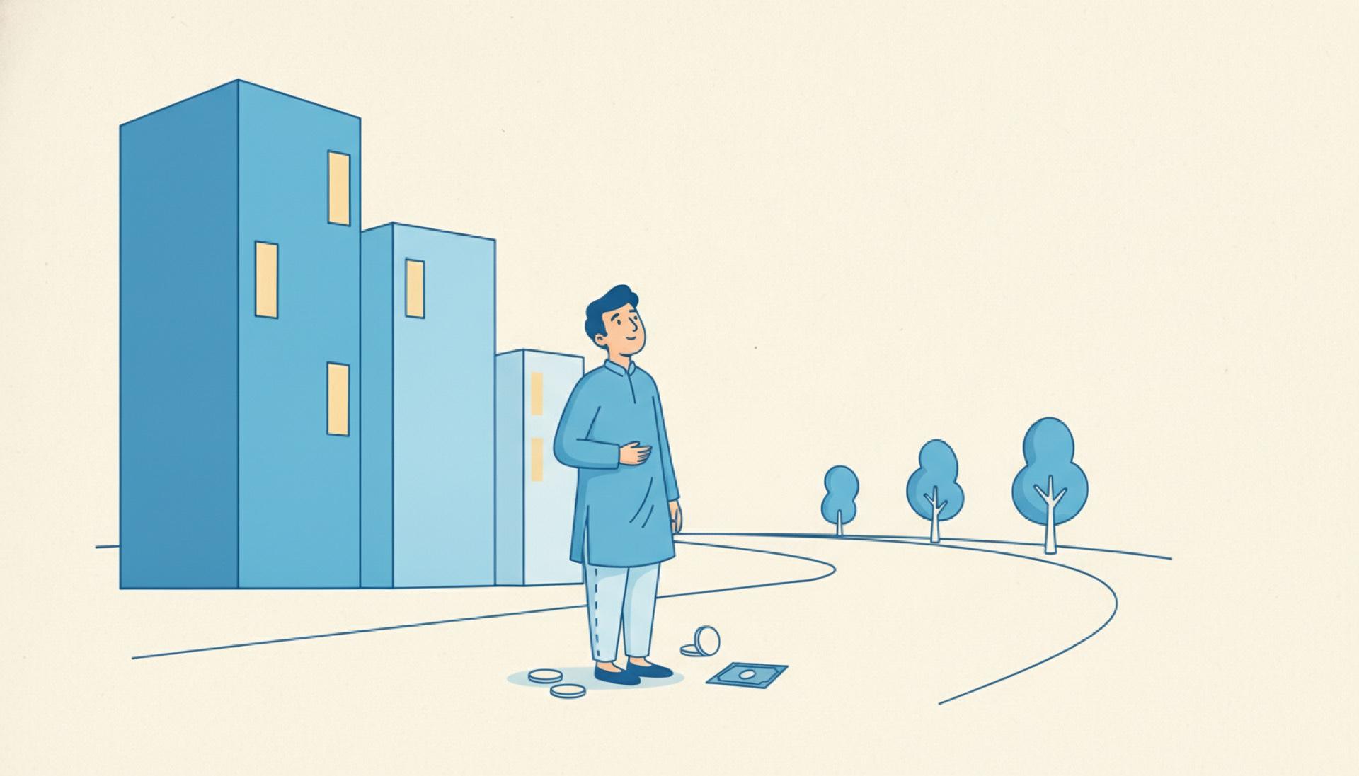 Flat blue illustration of a person on a street looking up at three buildings of decreasing size