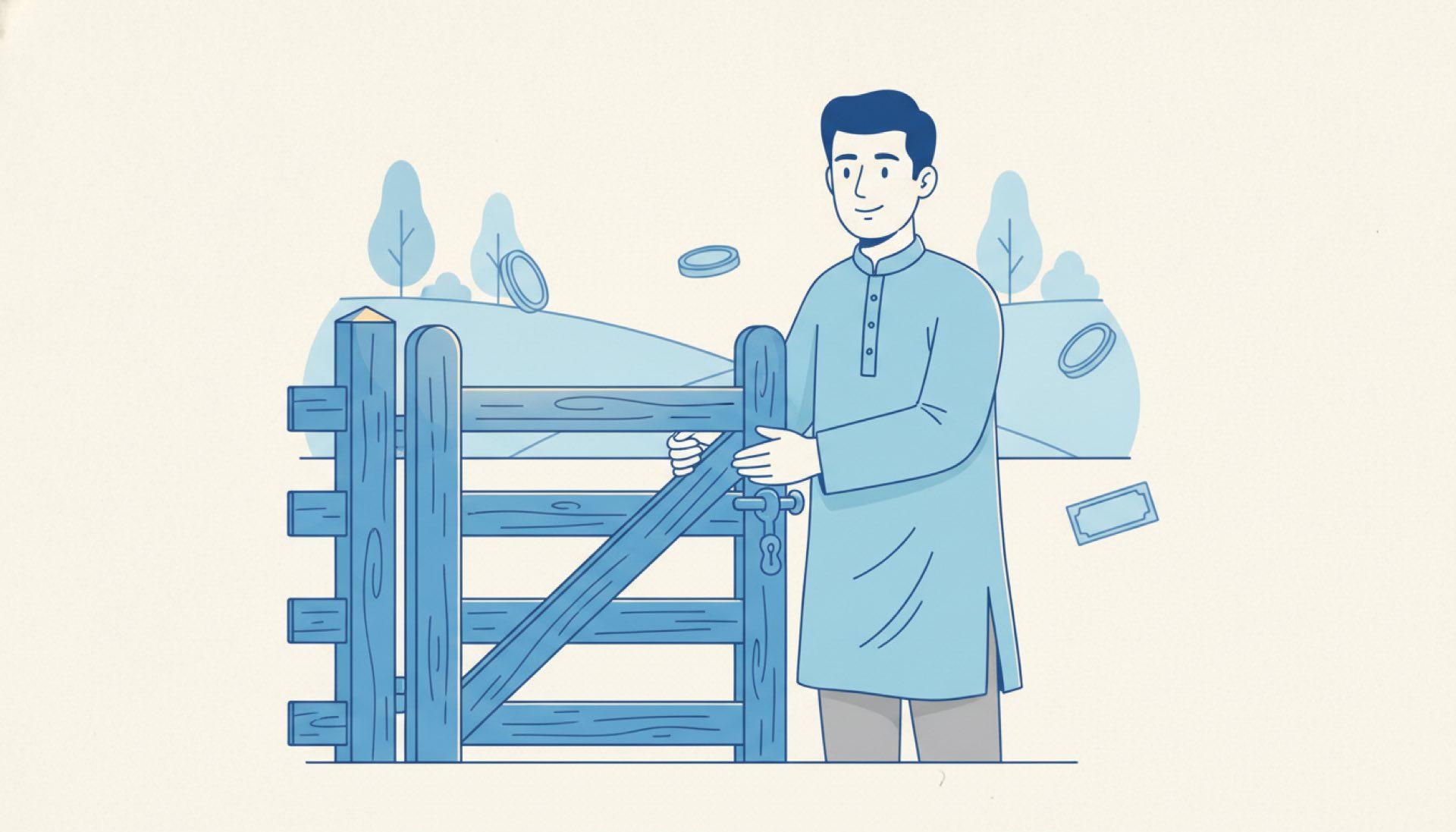 Flat blue illustration of a person firmly closing a garden gate with relief