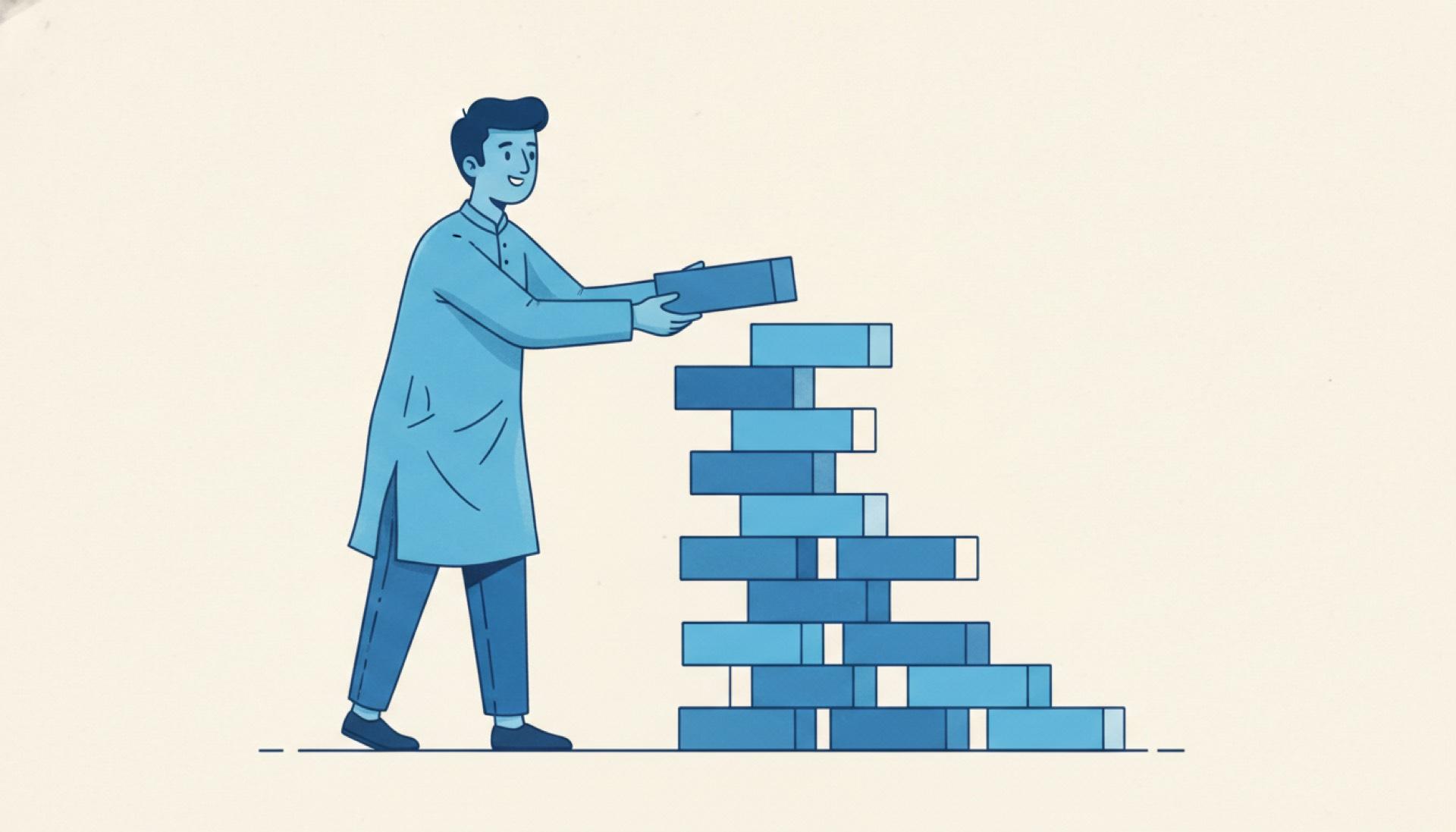 Flat blue illustration of a person removing blocks from a stack ahead of time so it shrinks