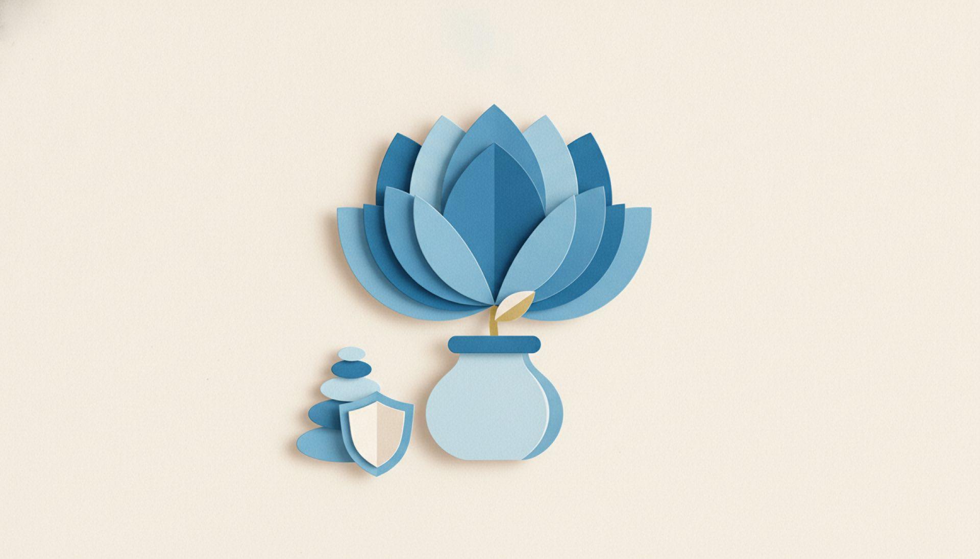 Blue cut-paper illustration of a lotus-like paper bloom opening above a small vessel